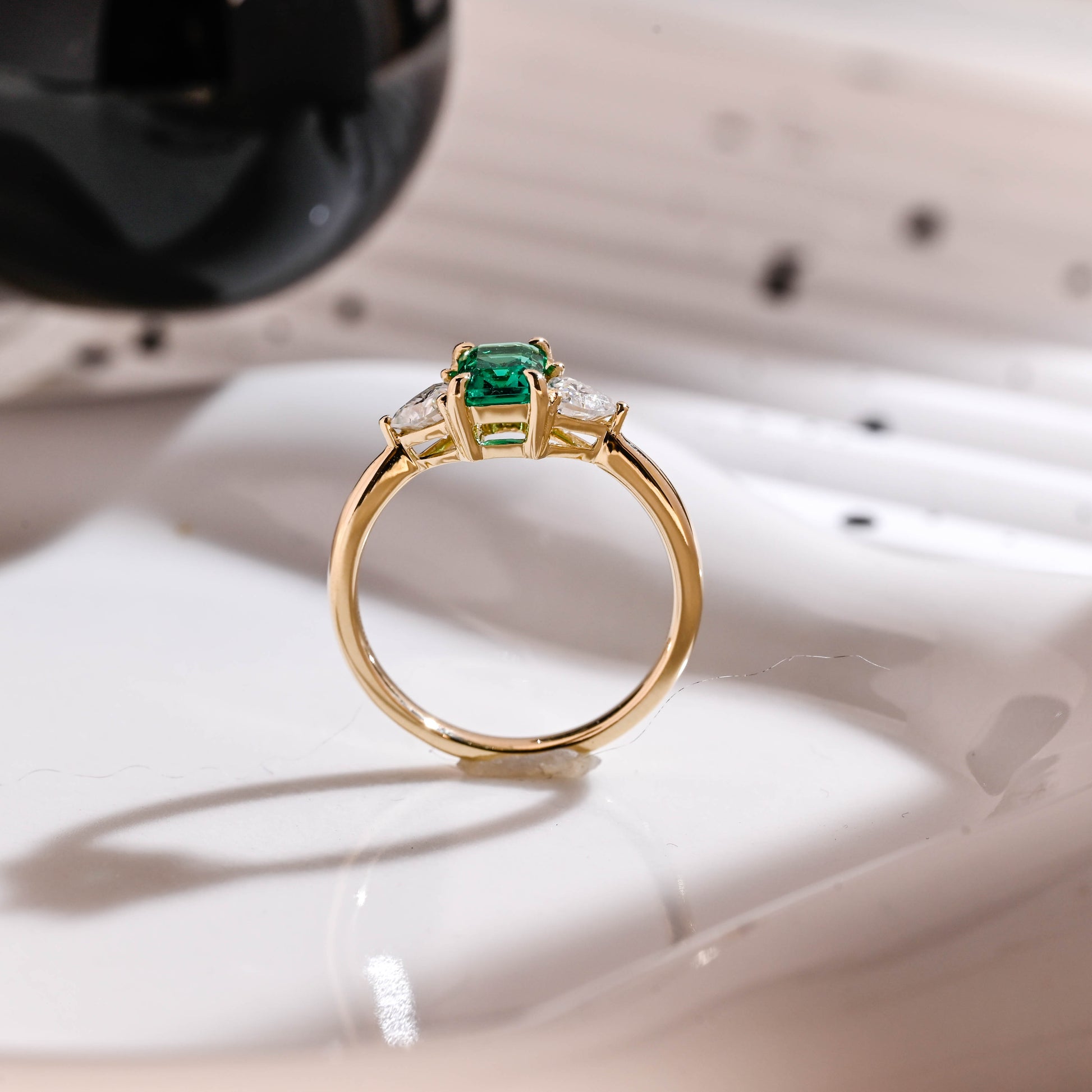 Solid Gold Three Stone Lab Grown Emerald Engagement Ring