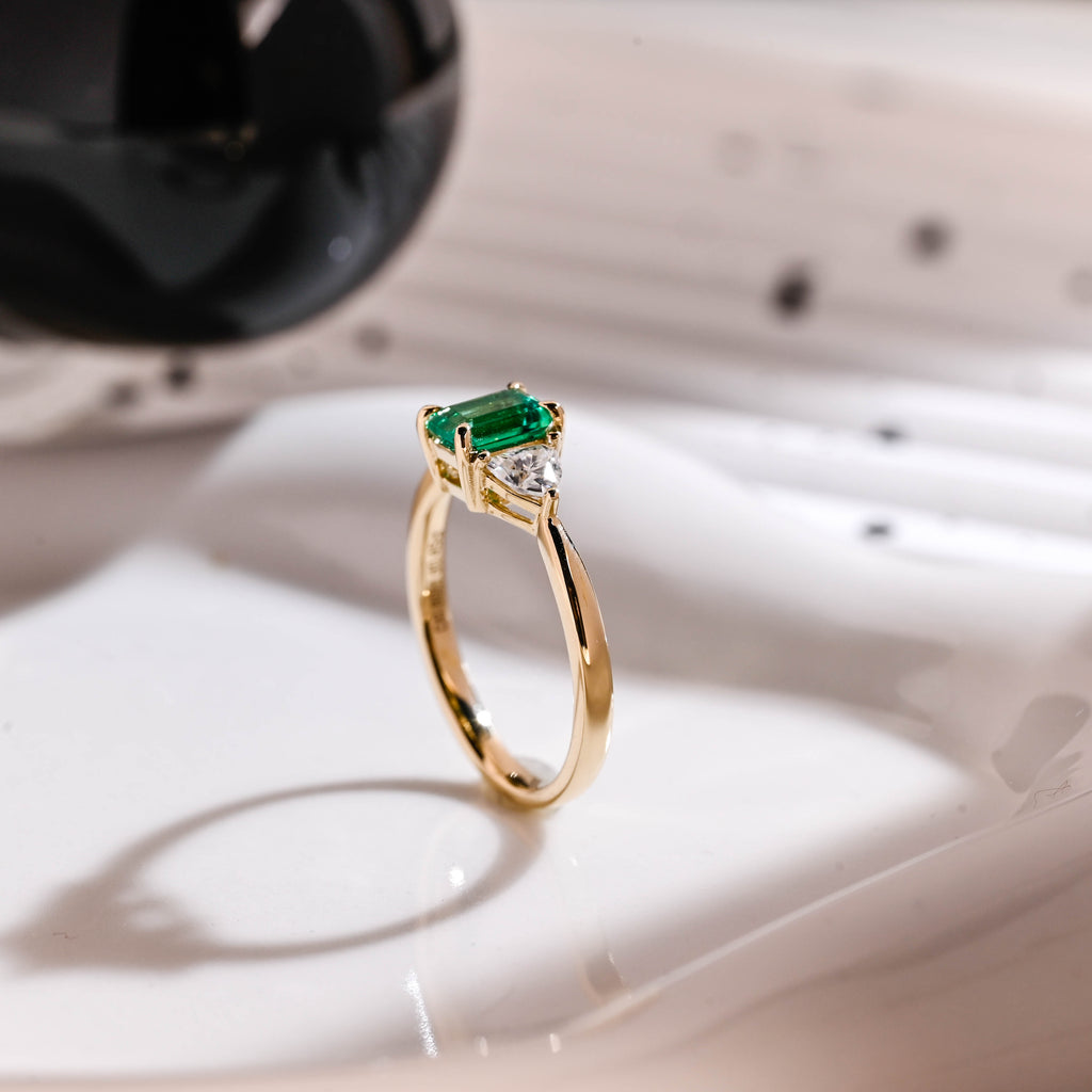 Solid Gold Three Stone Lab Grown Emerald Engagement Ring