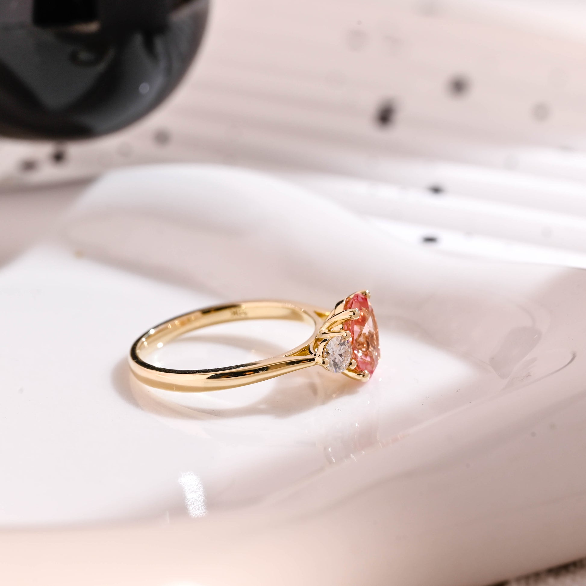 Solid Gold Three Stone Oval Cut Pink Lab Grown Sapphire Engagement Ring