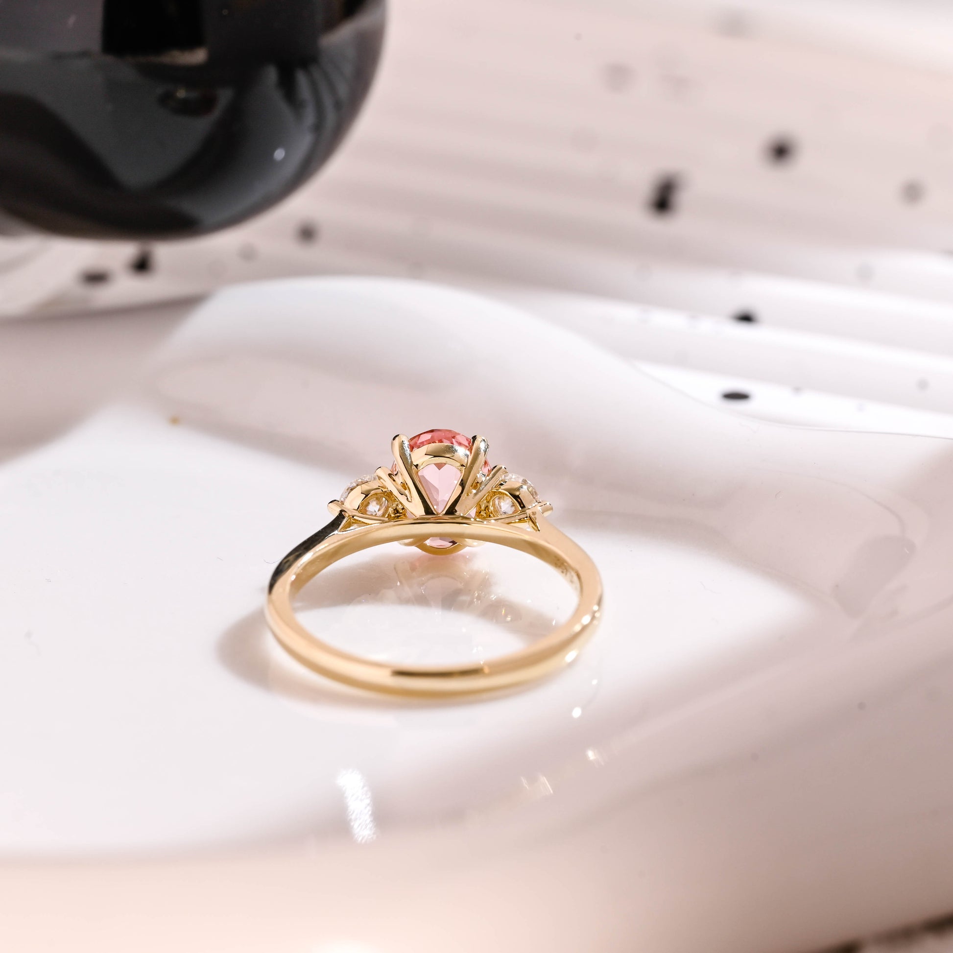 Solid Gold Three Stone Oval Cut Pink Lab Grown Sapphire Engagement Ring