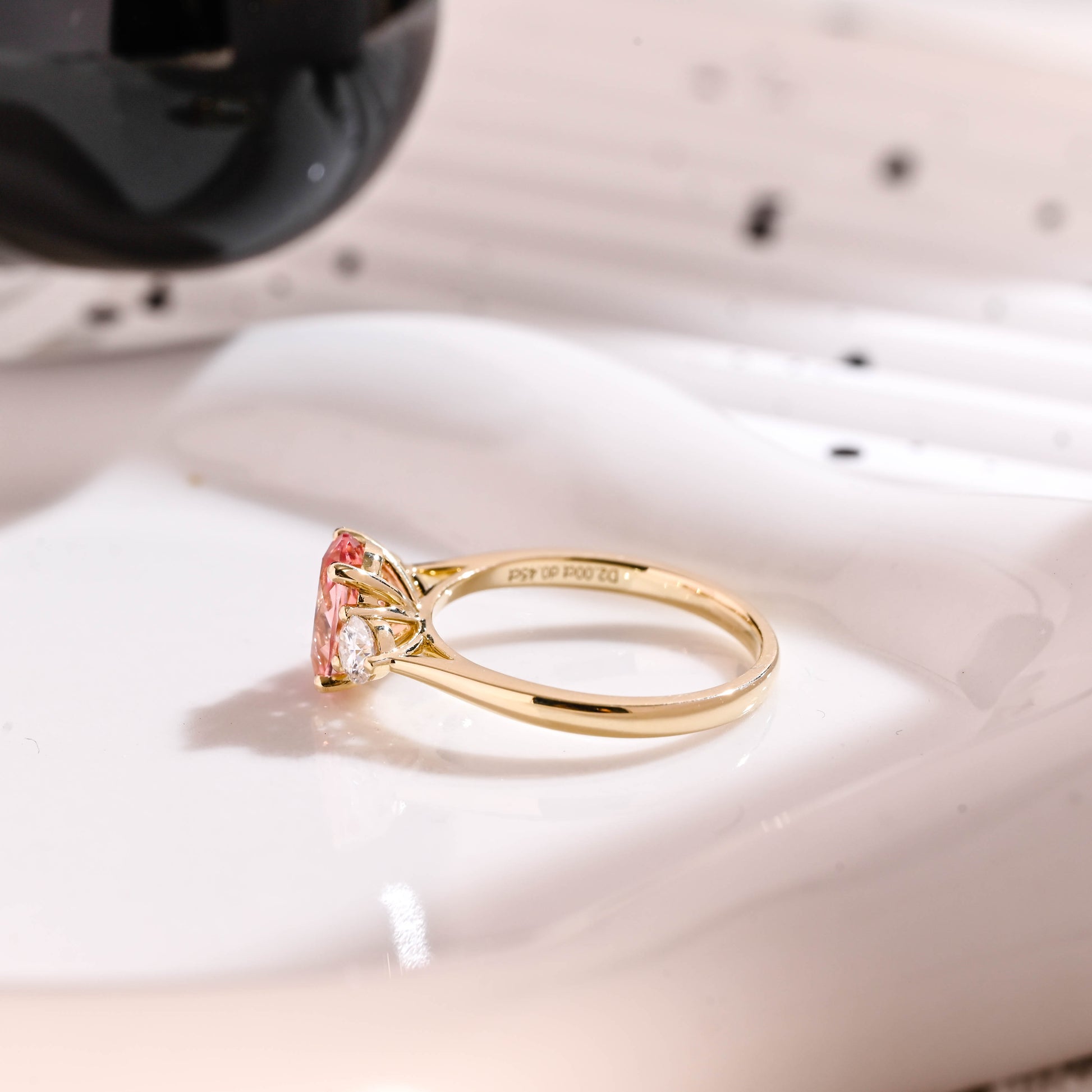 Solid Gold Three Stone Oval Cut Pink Lab Grown Sapphire Engagement Ring