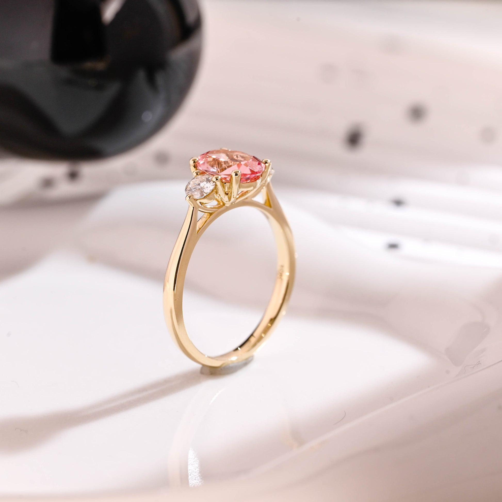 Solid Gold Three Stone Oval Cut Pink Lab Grown Sapphire Engagement Ring