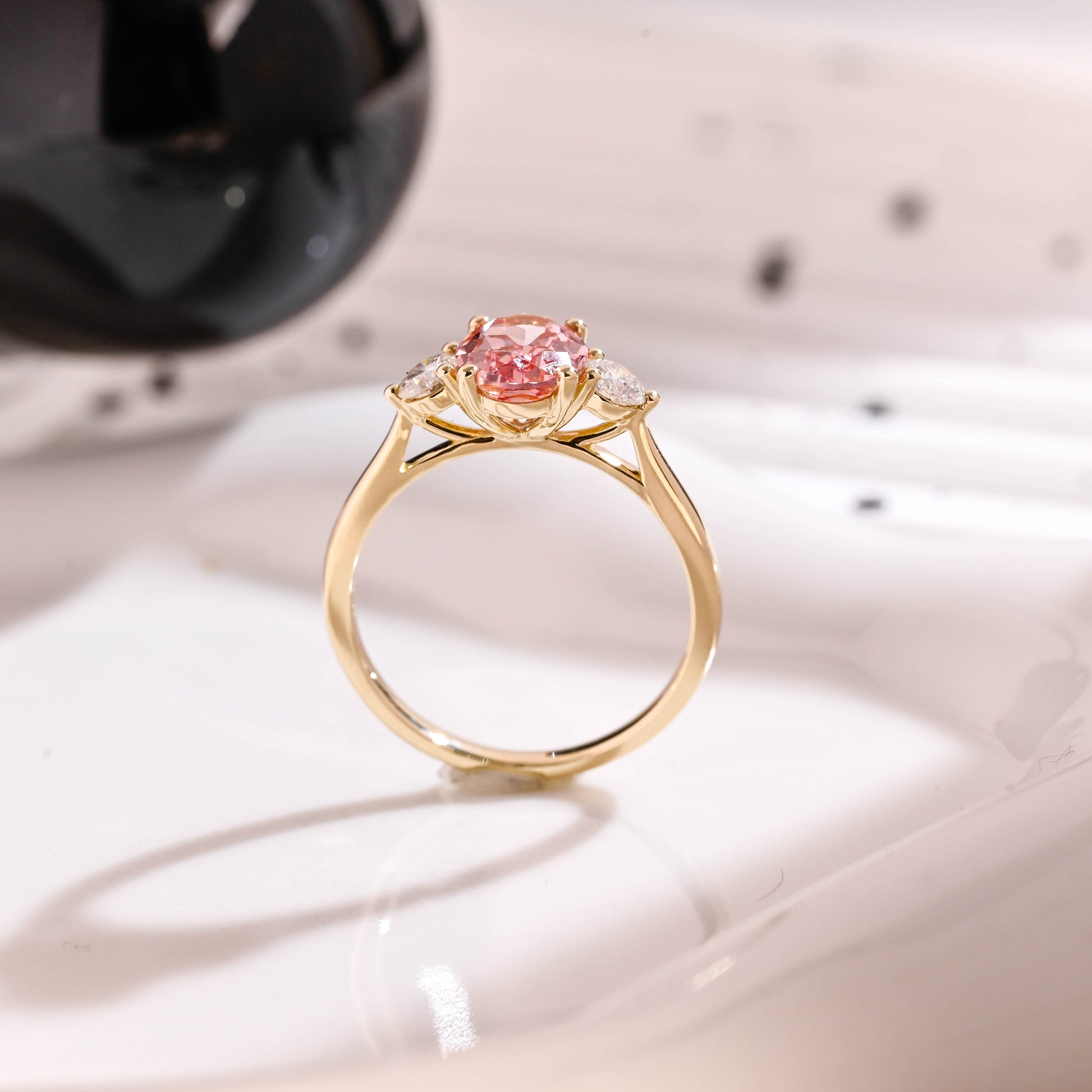 Solid Gold Three Stone Oval Cut Pink Lab Grown Sapphire Engagement Ring