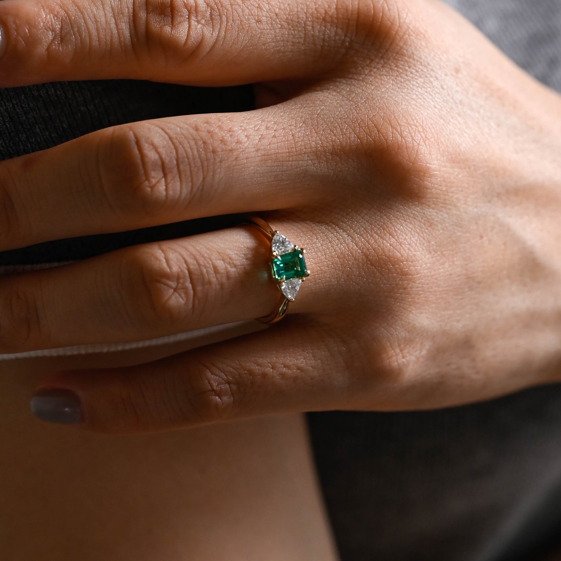 Solid Gold Three Stone Lab Grown Emerald Engagement Ring