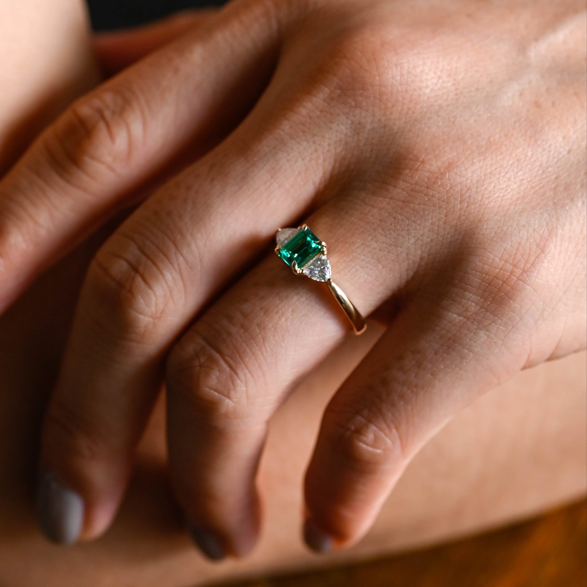Solid Gold Three Stone Lab Grown Emerald Engagement Ring
