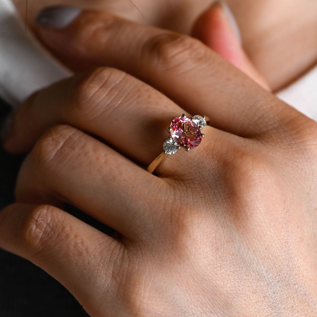 Solid Gold Three Stone Oval Cut Pink Lab Grown Sapphire Engagement Ring