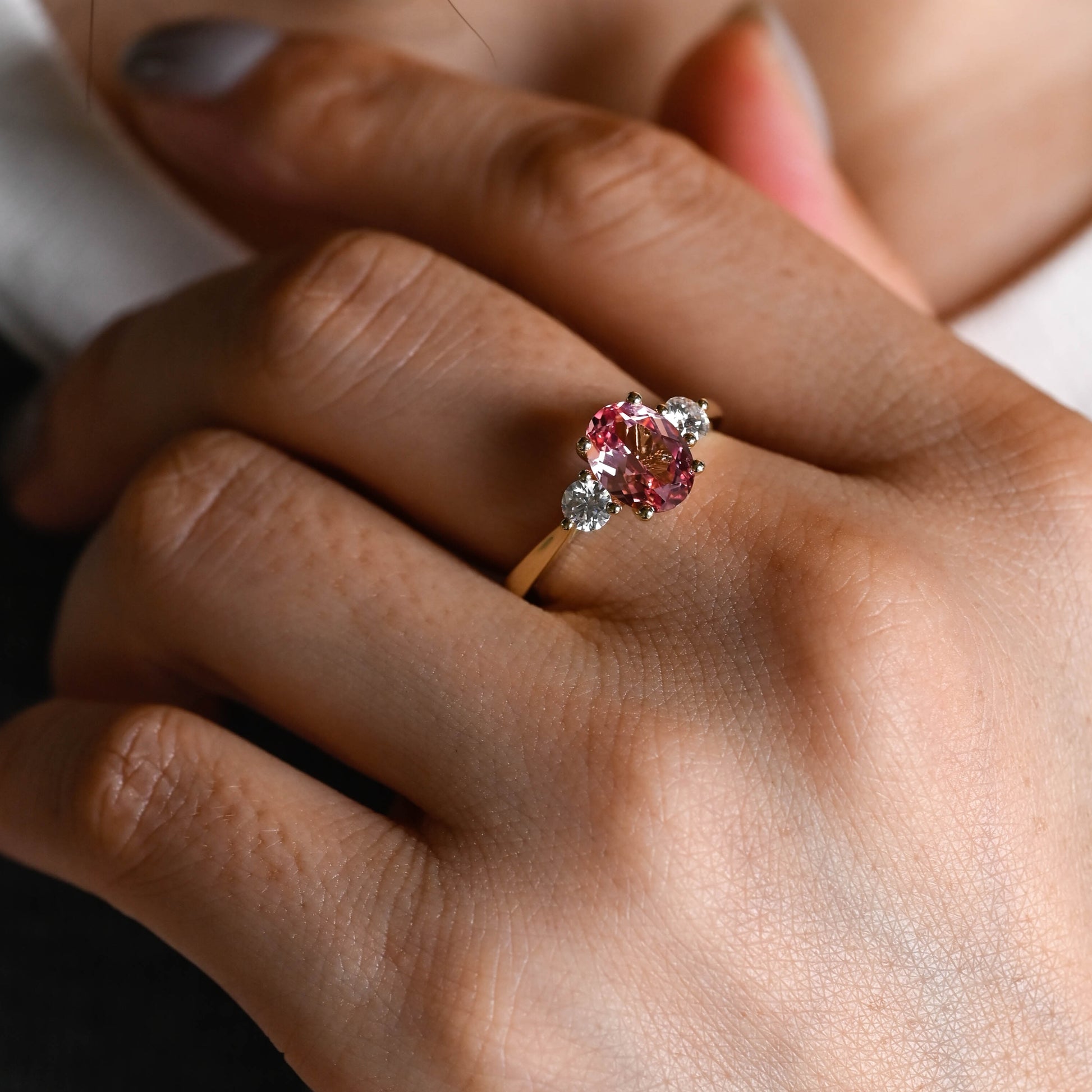 Solid Gold Three Stone Oval Cut Pink Lab Grown Sapphire Engagement Ring
