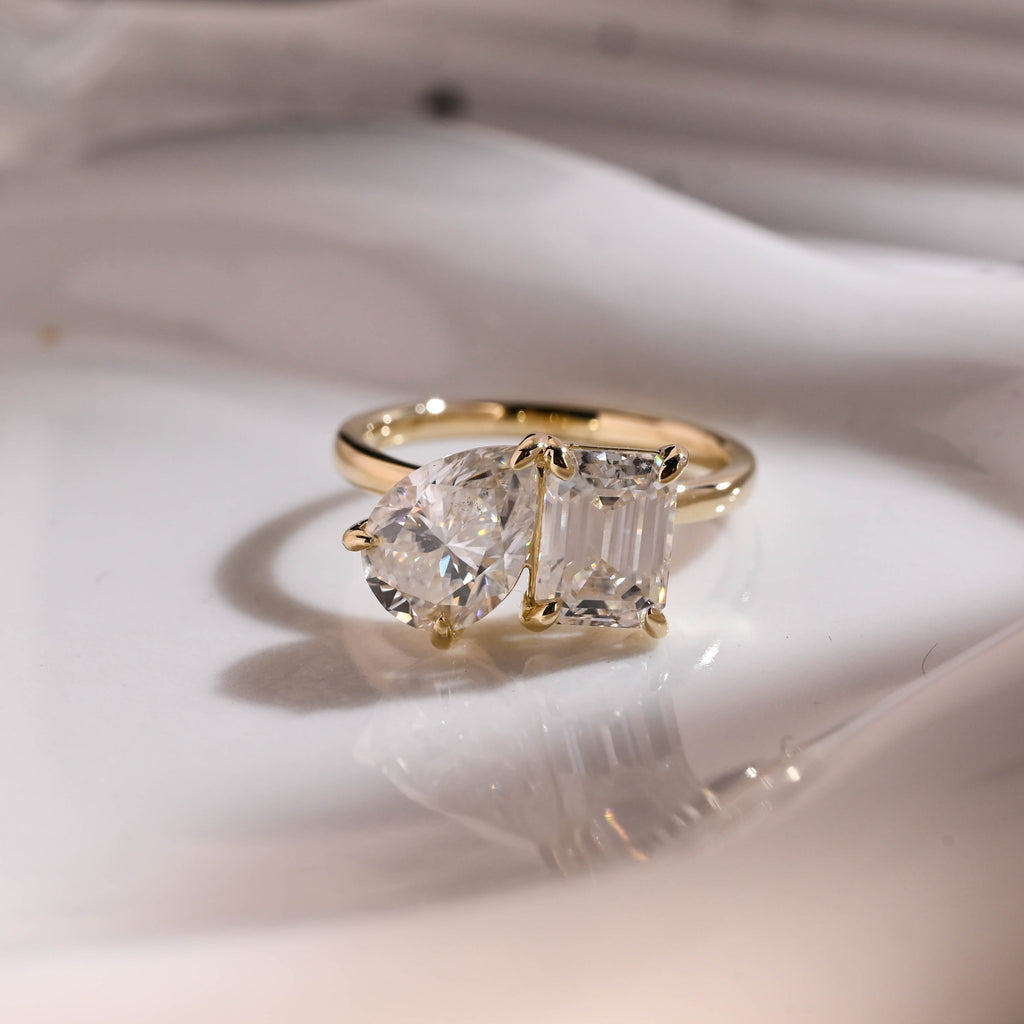 Solid Gold Toi et Moi Emerald Cut & Pear Cut Moissanite Engagement Ring