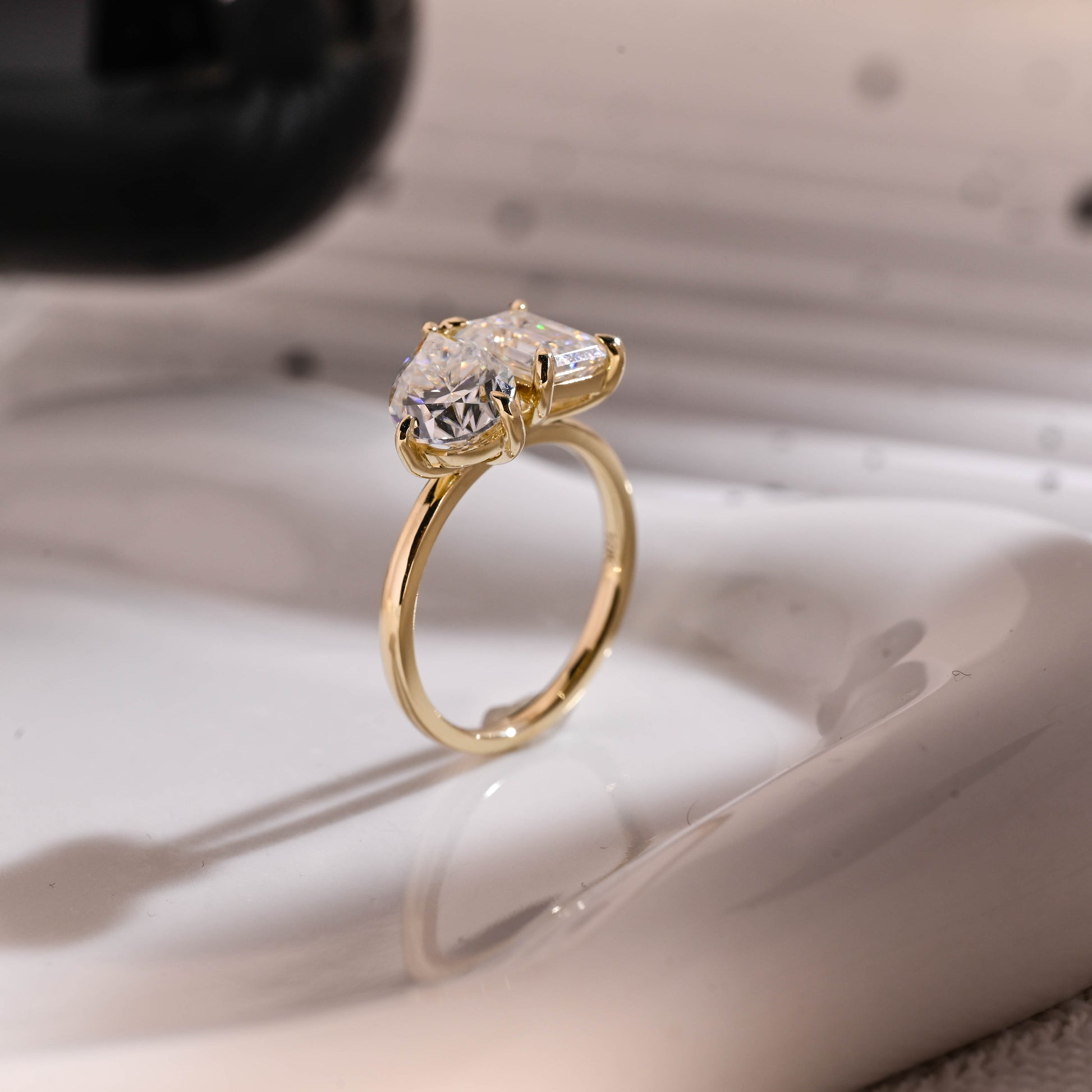 Solid Gold Toi et Moi Emerald Cut & Pear Cut Moissanite Engagement Ring