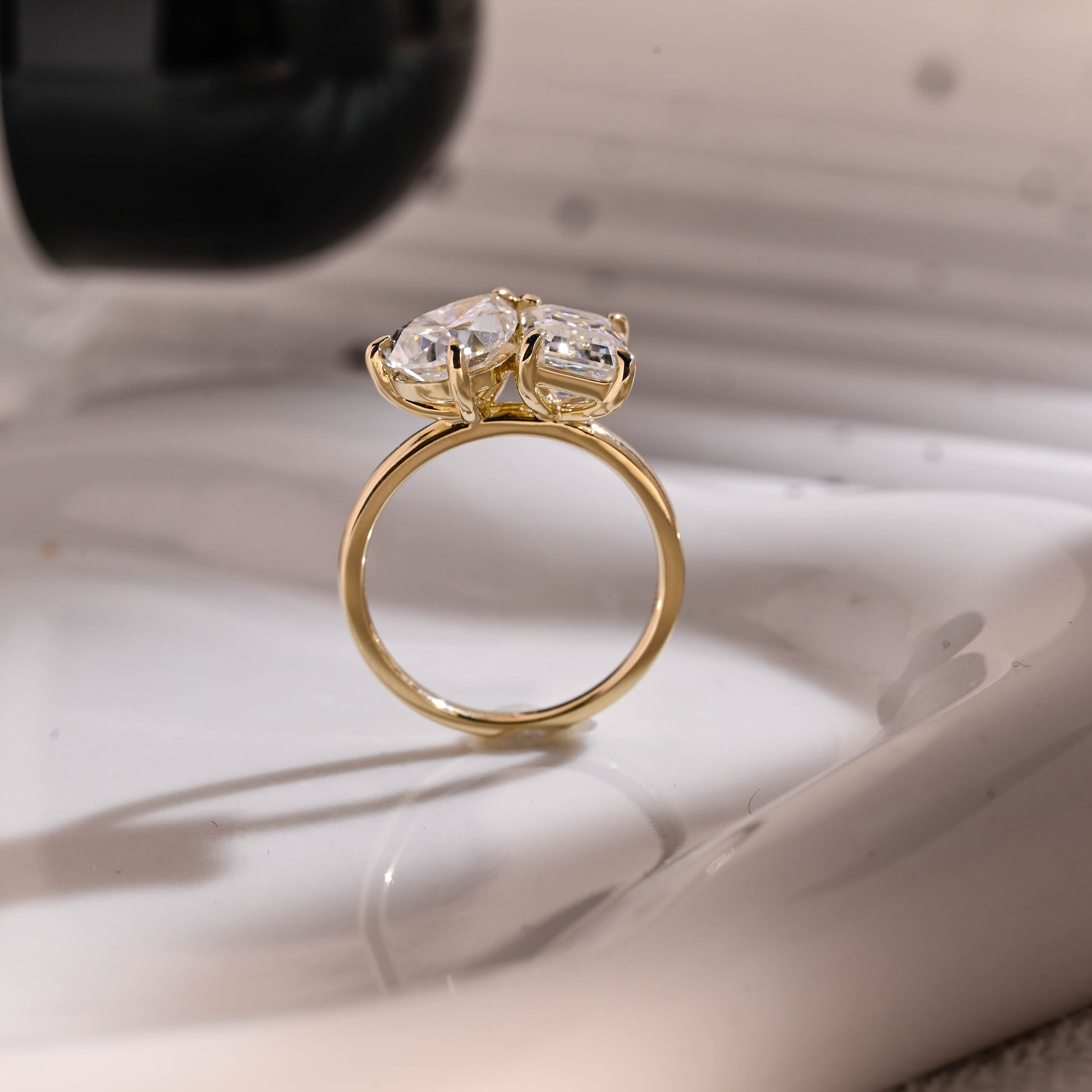 Solid Gold Toi et Moi Emerald Cut & Pear Cut Moissanite Engagement Ring