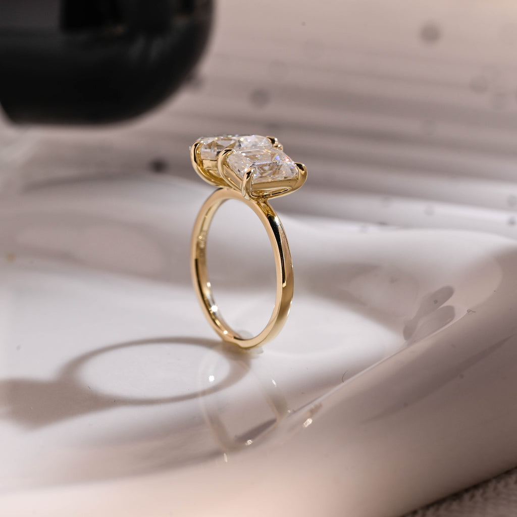 Solid Gold Toi et Moi Emerald Cut & Pear Cut Moissanite Engagement Ring