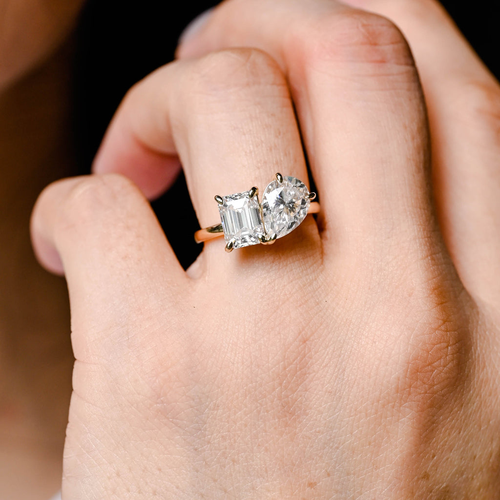 Solid Gold Toi et Moi Emerald Cut & Pear Cut Moissanite Engagement Ring