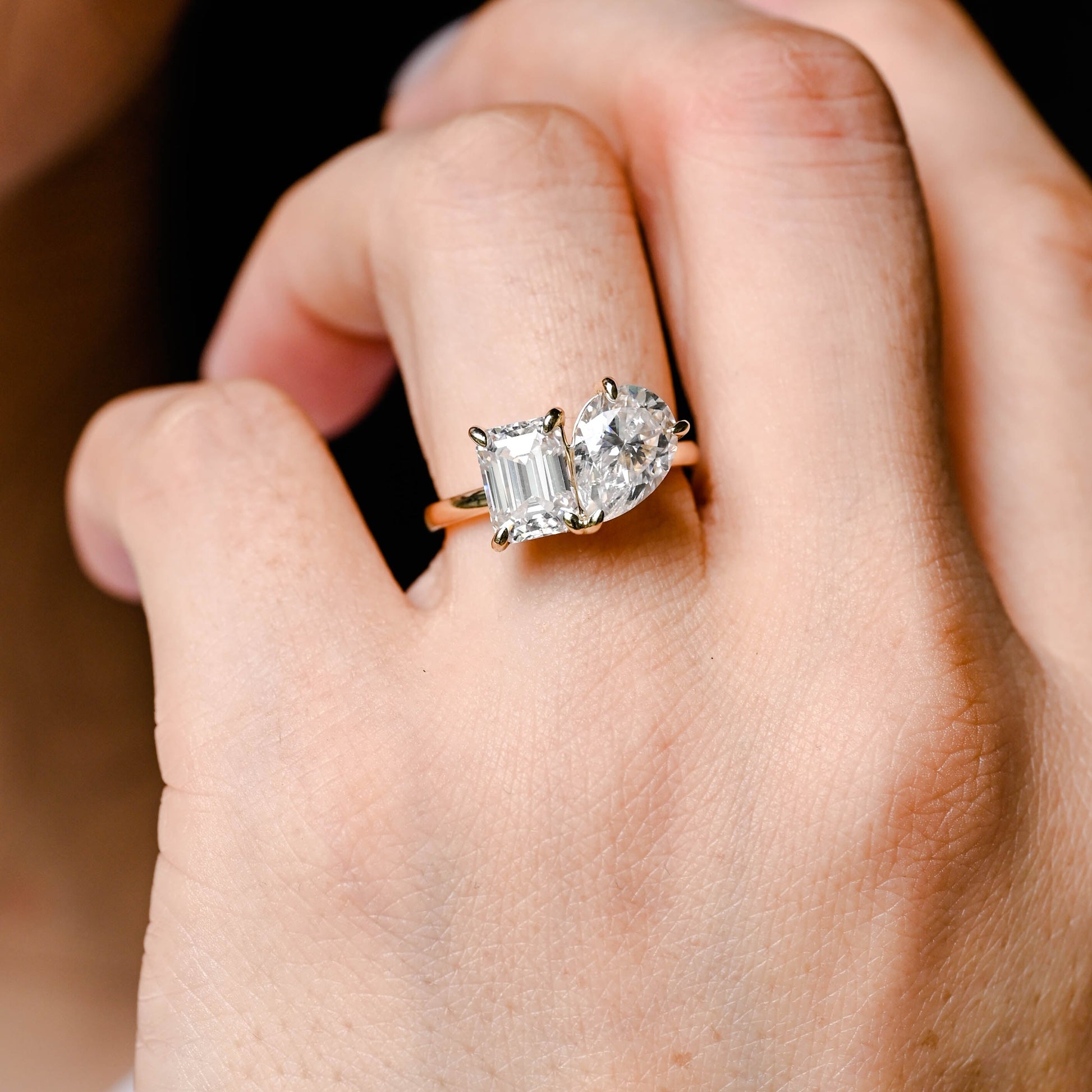 Solid Gold Toi et Moi Emerald Cut & Pear Cut Moissanite Engagement Ring