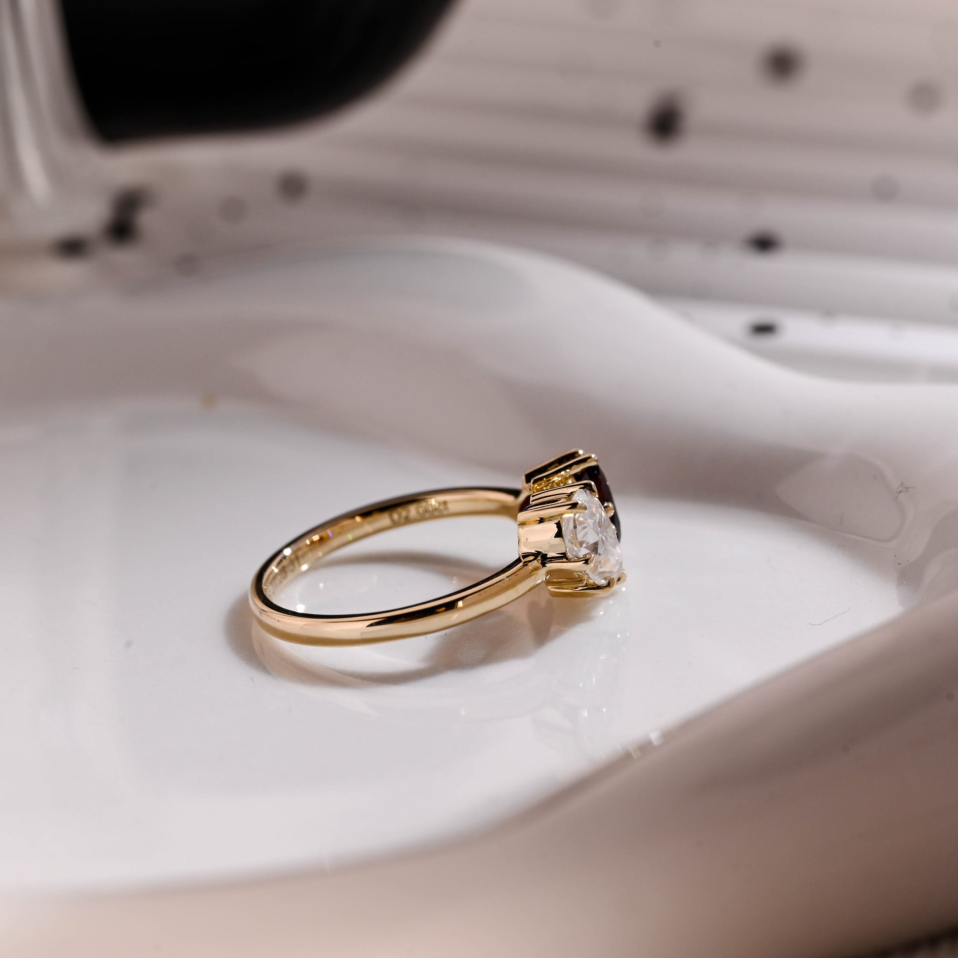 Solid Gold Toi et Moi Heart Cut Garnet & Pear Cut Moissanite Engagement Ring