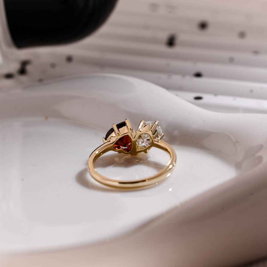 Solid Gold Toi et Moi Heart Cut Garnet & Pear Cut Moissanite Engagement Ring