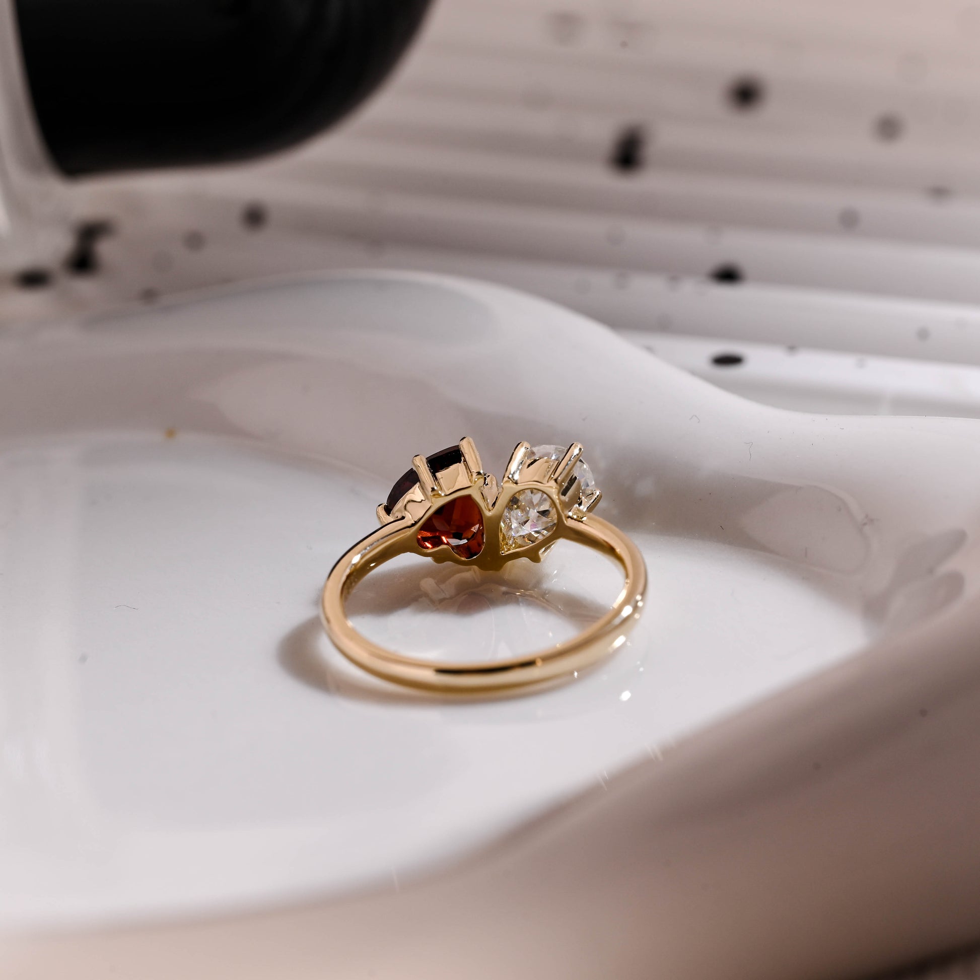 Solid Gold Toi et Moi Heart Cut Garnet & Pear Cut Moissanite Engagement Ring
