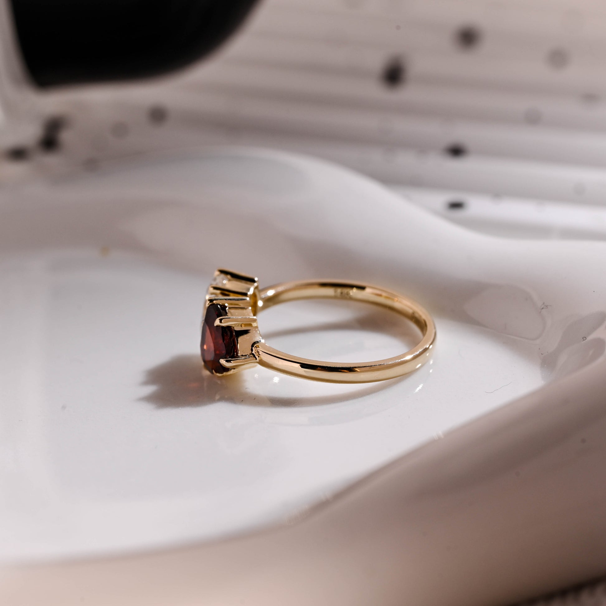 Solid Gold Toi et Moi Heart Cut Garnet & Pear Cut Moissanite Engagement Ring