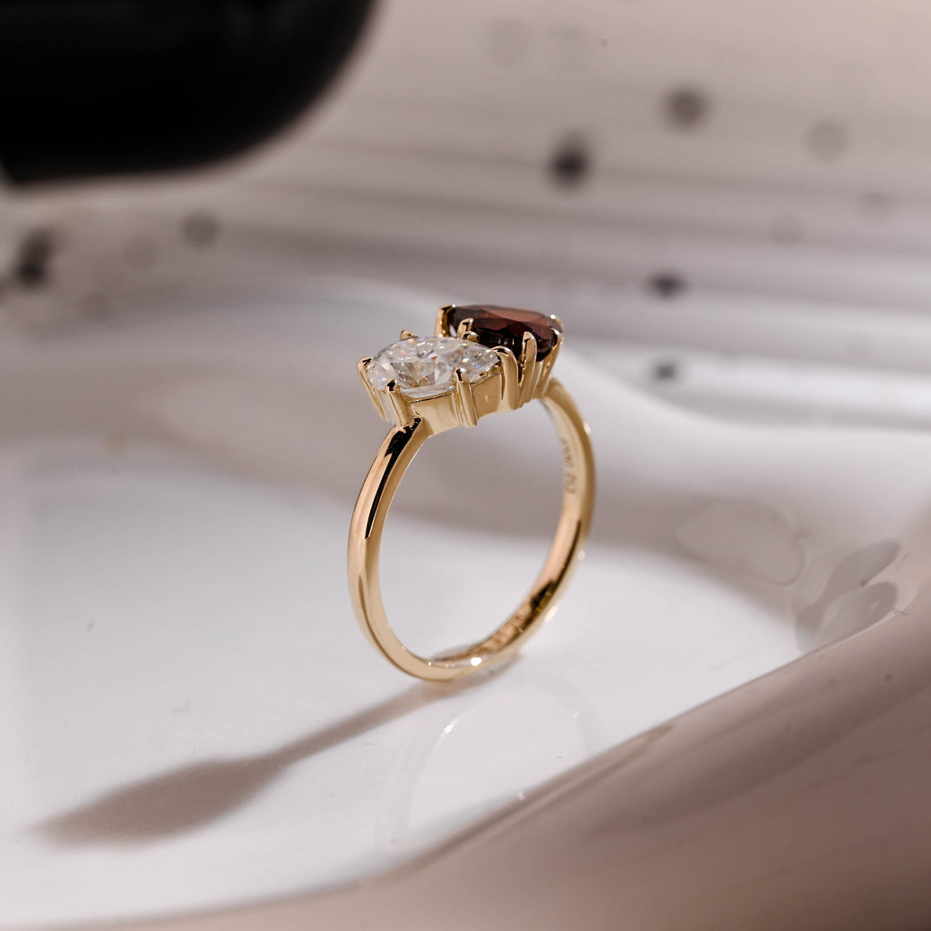 Solid Gold Toi et Moi Heart Cut Garnet & Pear Cut Moissanite Engagement Ring