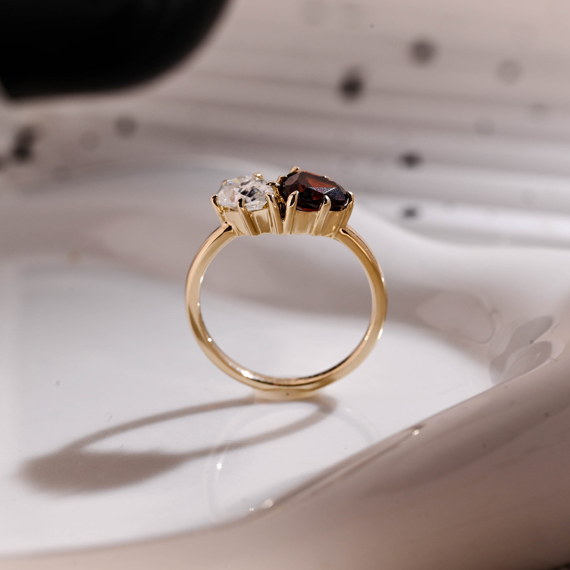 Solid Gold Toi et Moi Heart Cut Garnet & Pear Cut Moissanite Engagement Ring