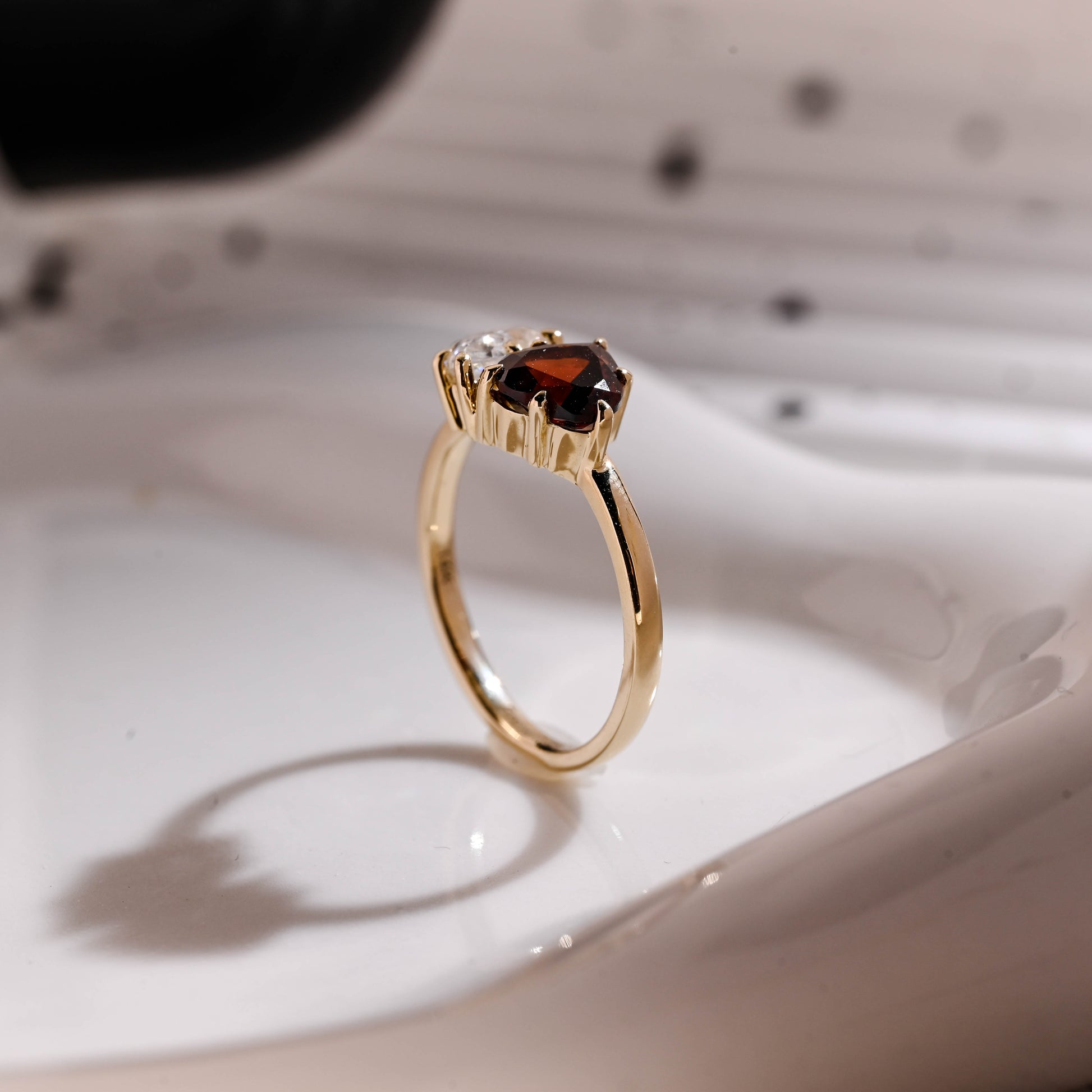 Solid Gold Toi et Moi Heart Cut Garnet & Pear Cut Moissanite Engagement Ring