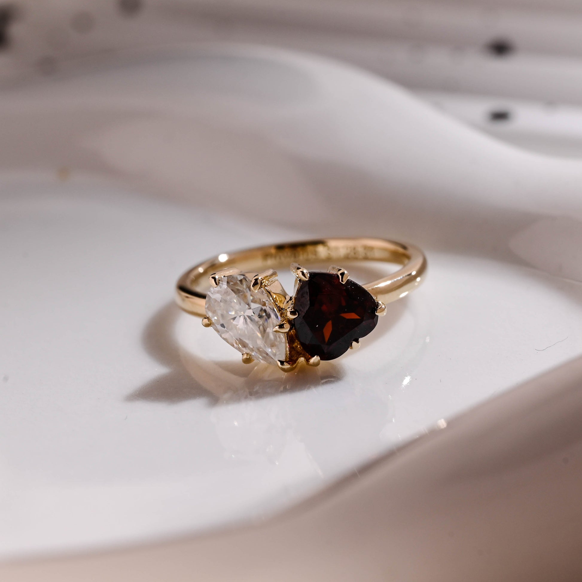 Solid Gold Toi et Moi Heart Cut Garnet & Pear Cut Moissanite Engagement Ring