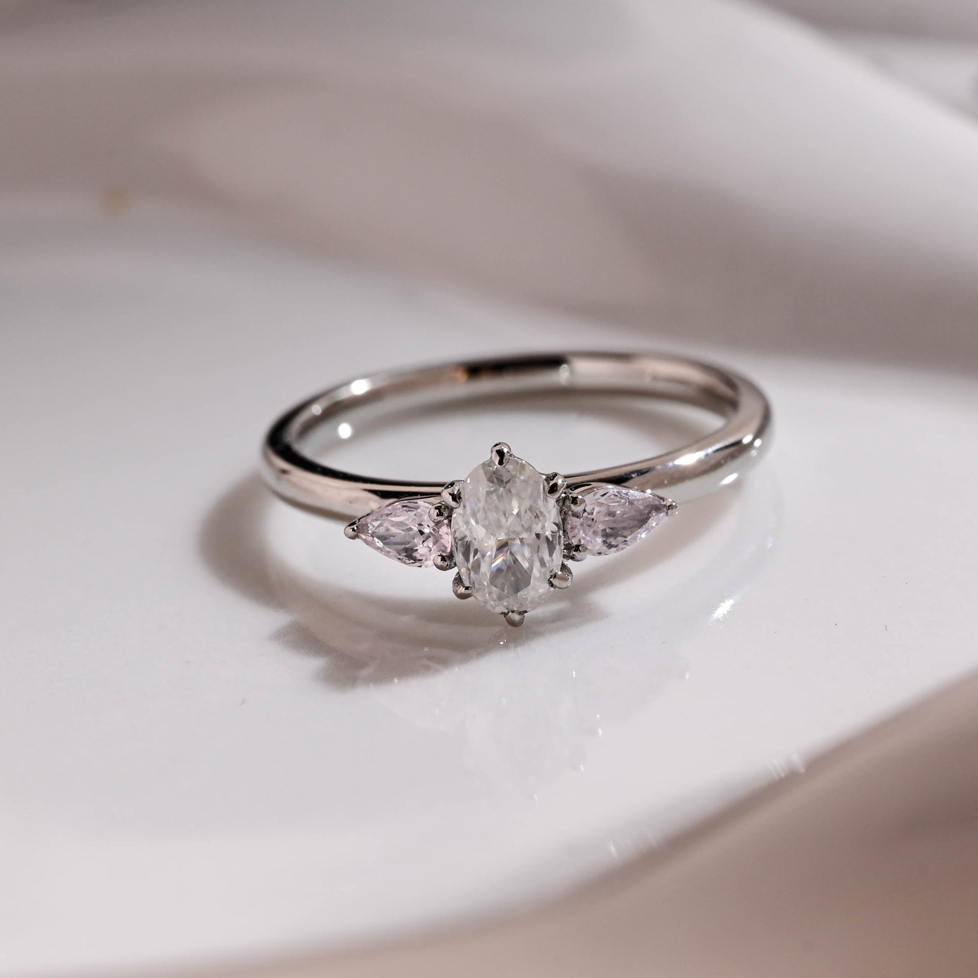 Solid Gold Three Stone Oval Cut Moissanite Engagement Ring
