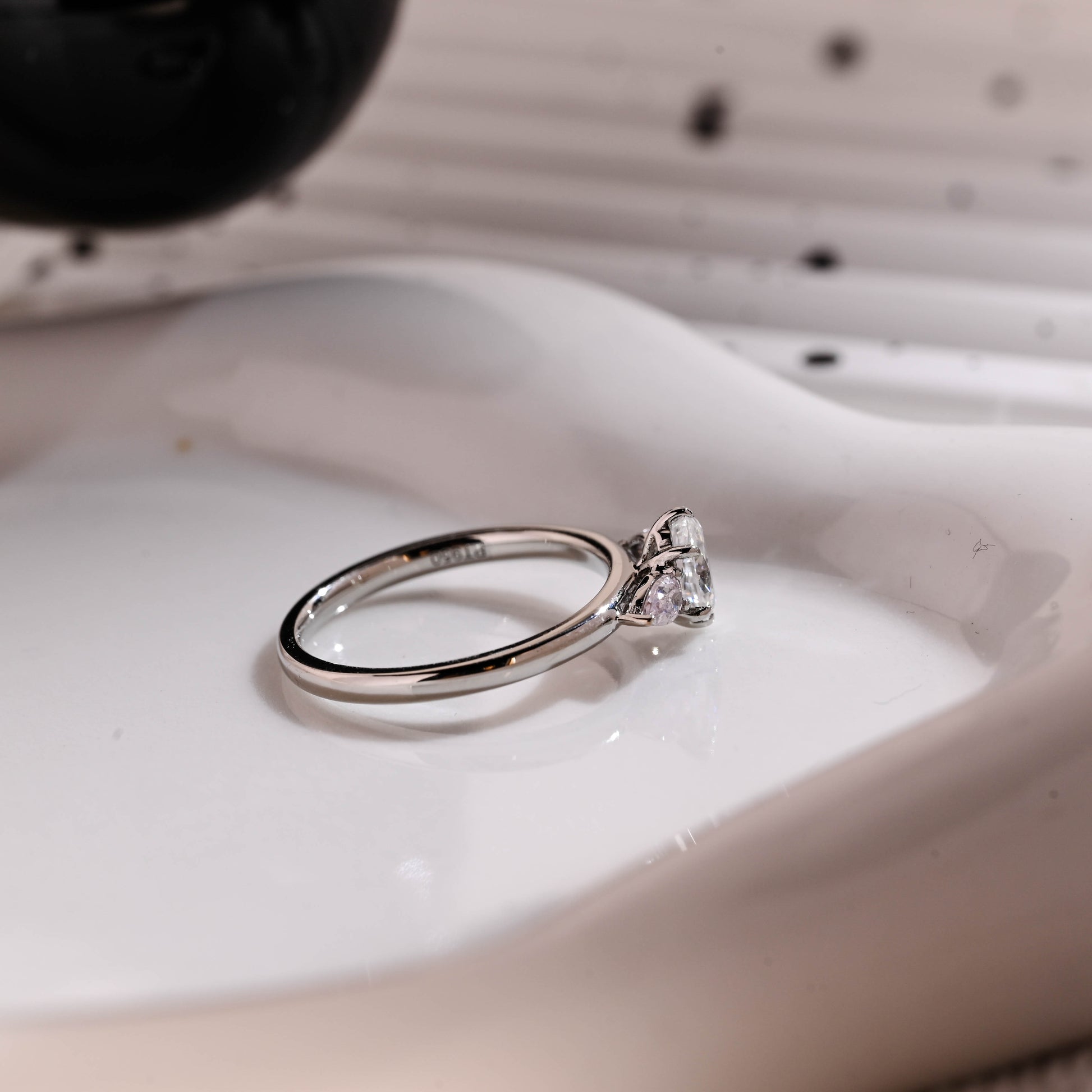 Solid Gold Three Stone Oval Cut Moissanite Engagement Ring