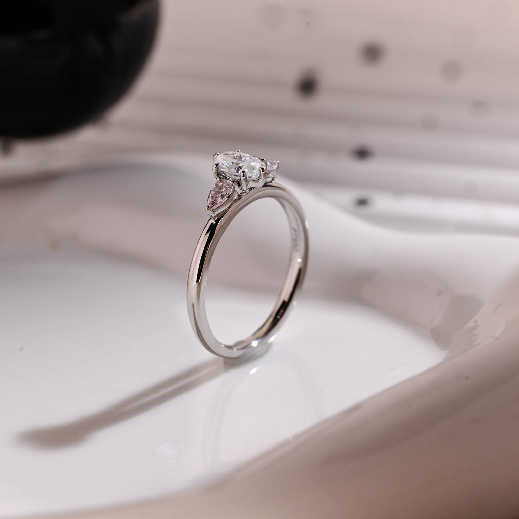 Solid Gold Three Stone Oval Cut Moissanite Engagement Ring