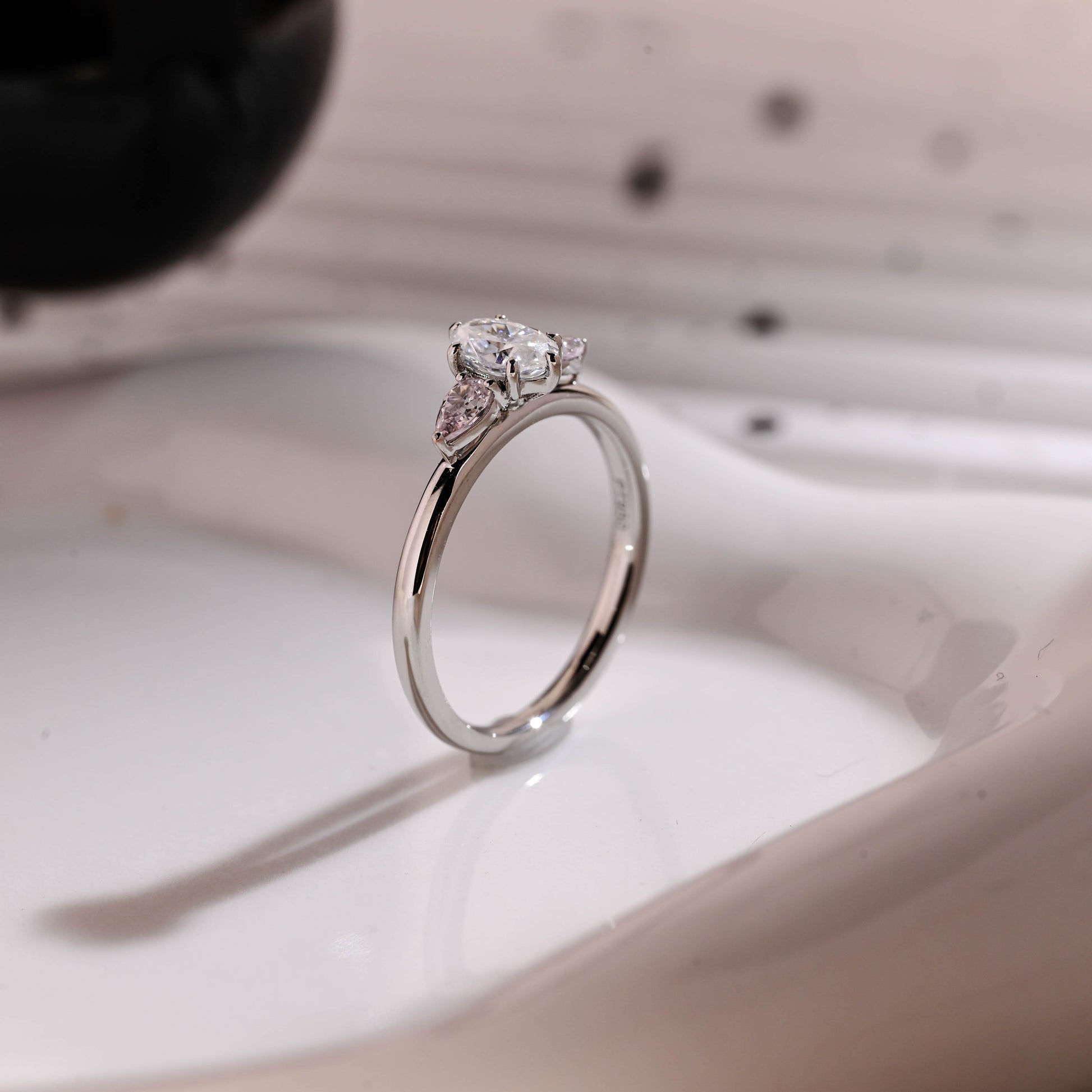 Solid Gold Three Stone Oval Cut Moissanite Engagement Ring