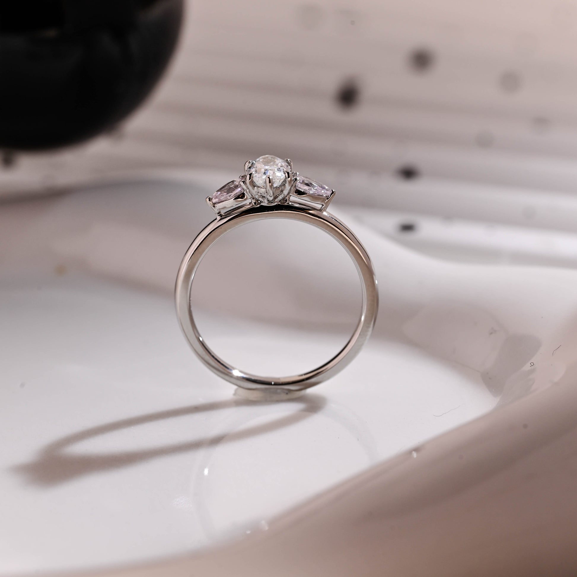 Solid Gold Three Stone Oval Cut Moissanite Engagement Ring