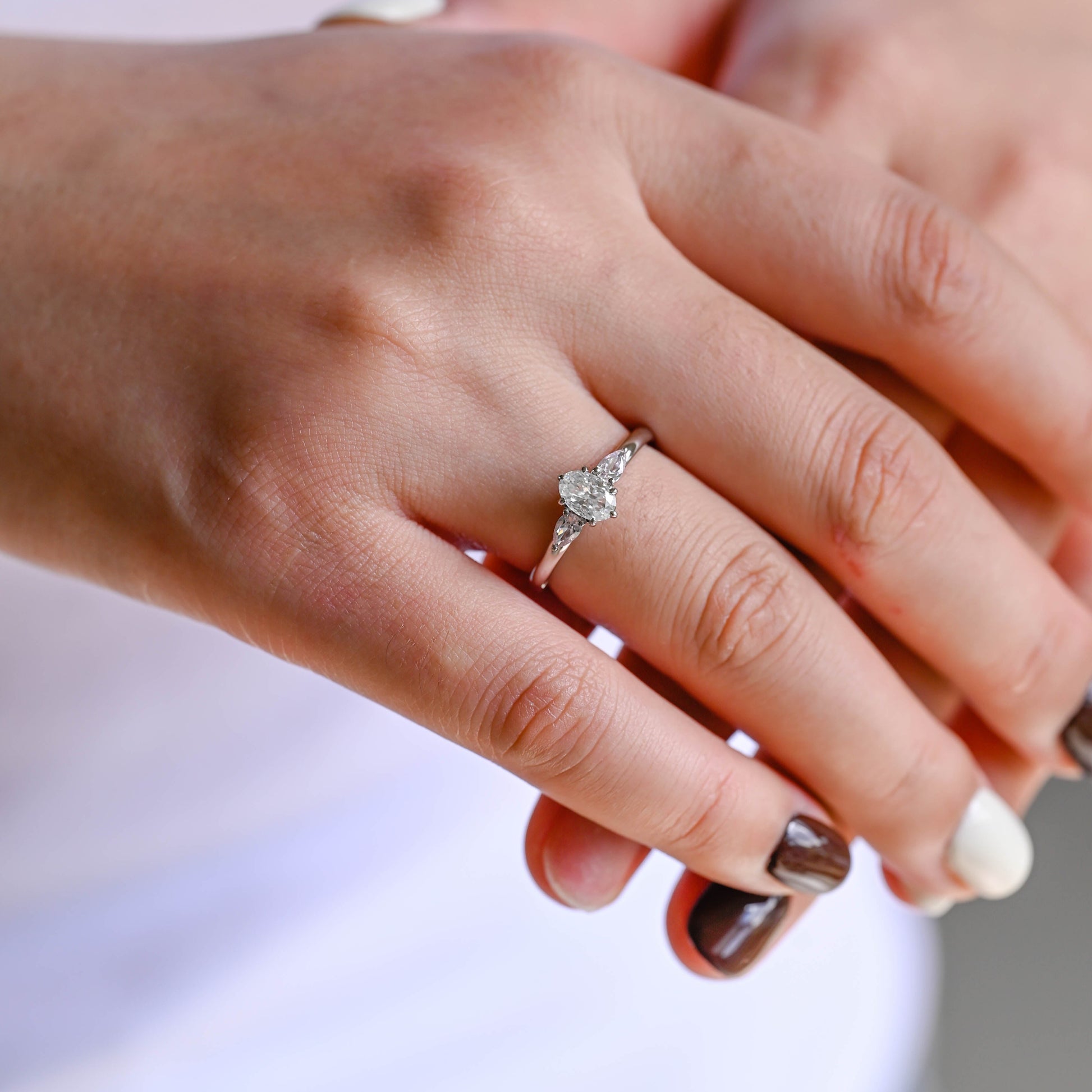 Solid Gold Three Stone Oval Cut Moissanite Engagement Ring