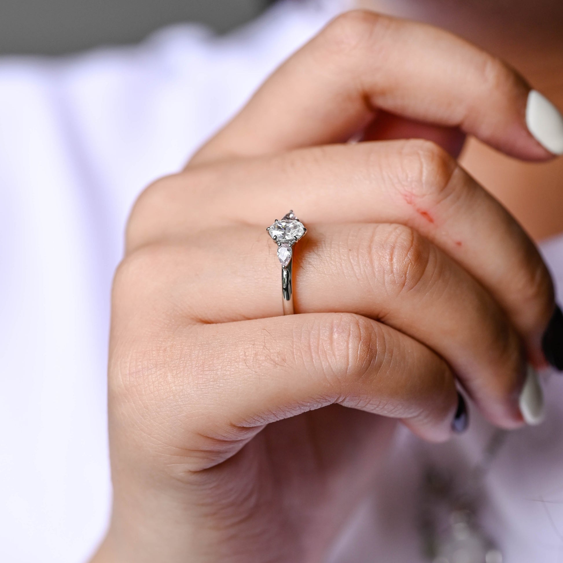 Solid Gold Three Stone Oval Cut Moissanite Engagement Ring