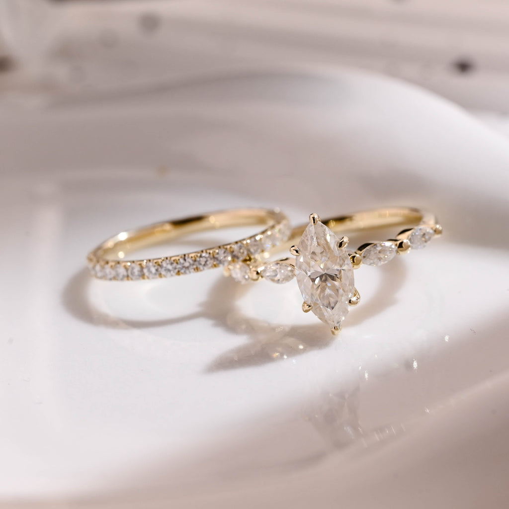 Solid Gold Hidden Halo Marquise Cut Moissanite Wedding Ring Set