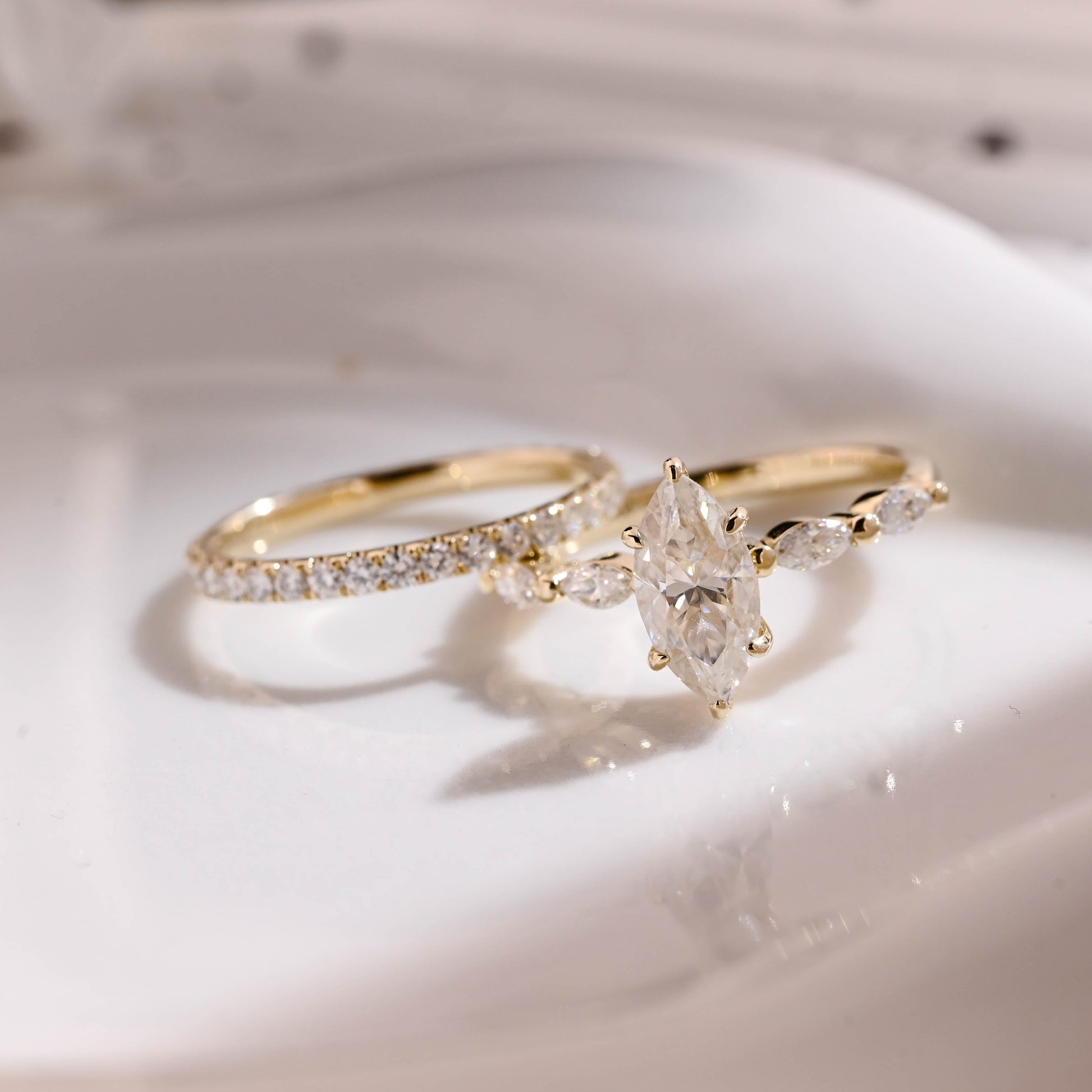 Solid Gold Hidden Halo Marquise Cut Moissanite Wedding Ring Set