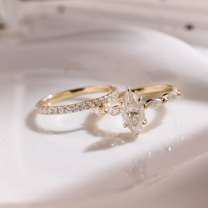 Solid Gold Hidden Halo Marquise Cut Moissanite Wedding Ring Set