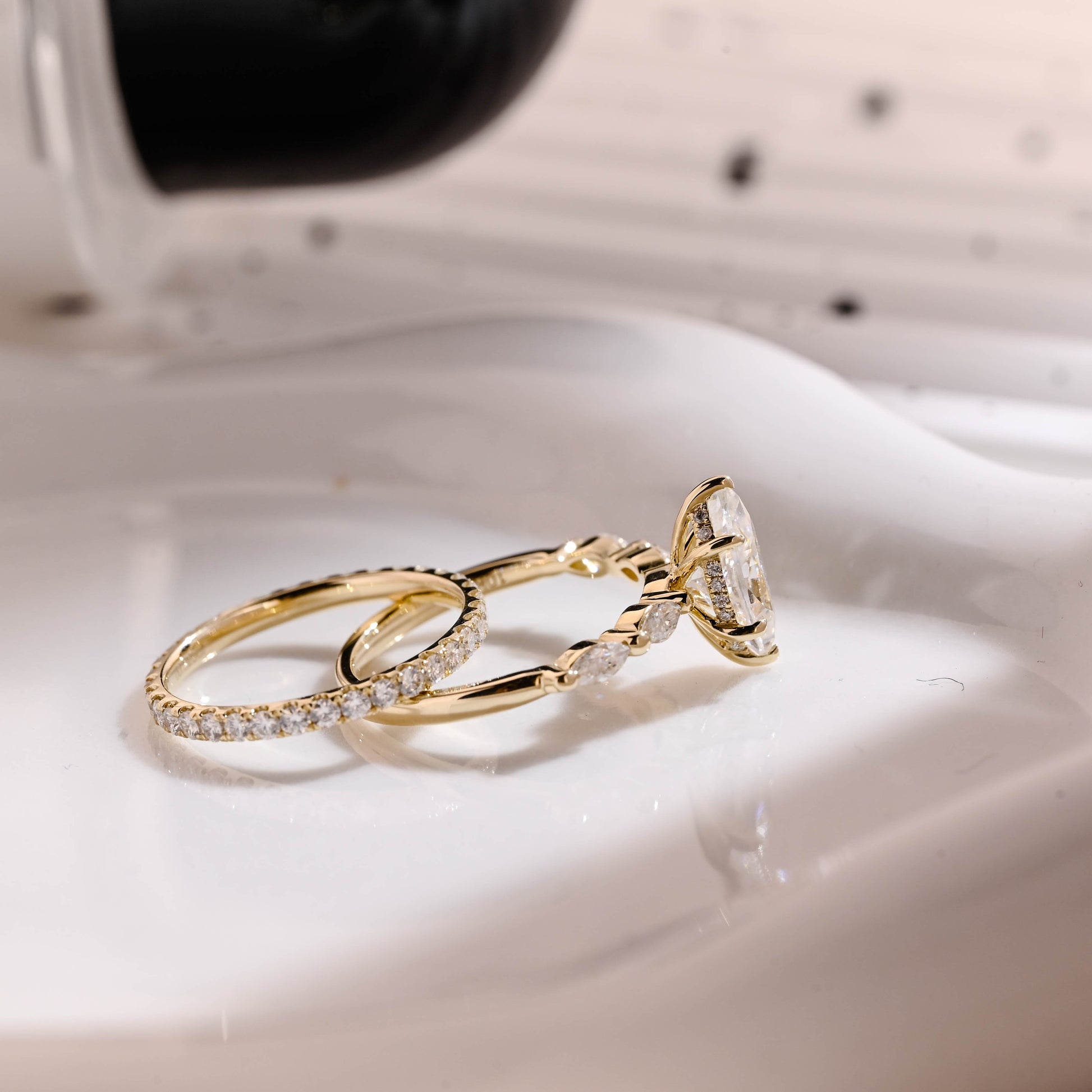 Solid Gold Hidden Halo Marquise Cut Moissanite Wedding Ring Set