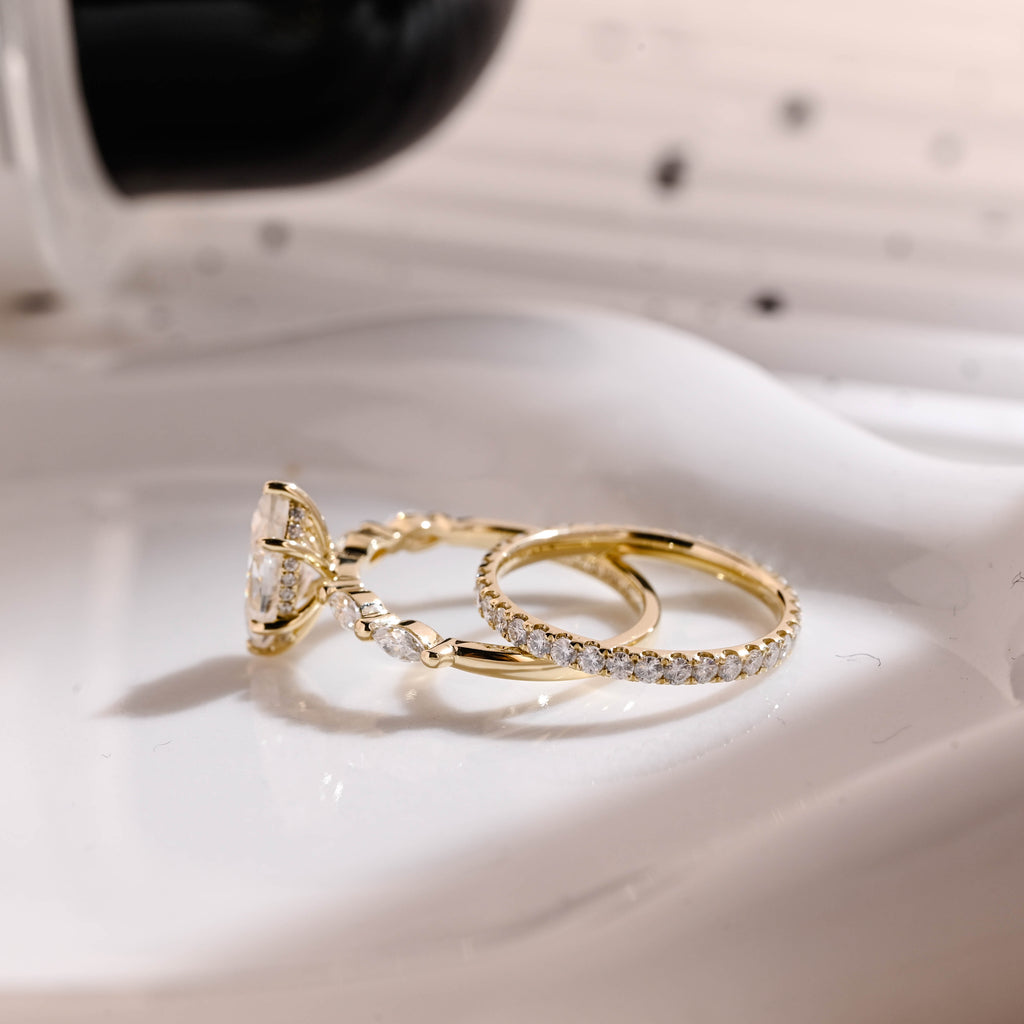 Solid Gold Hidden Halo Marquise Cut Moissanite Wedding Ring Set