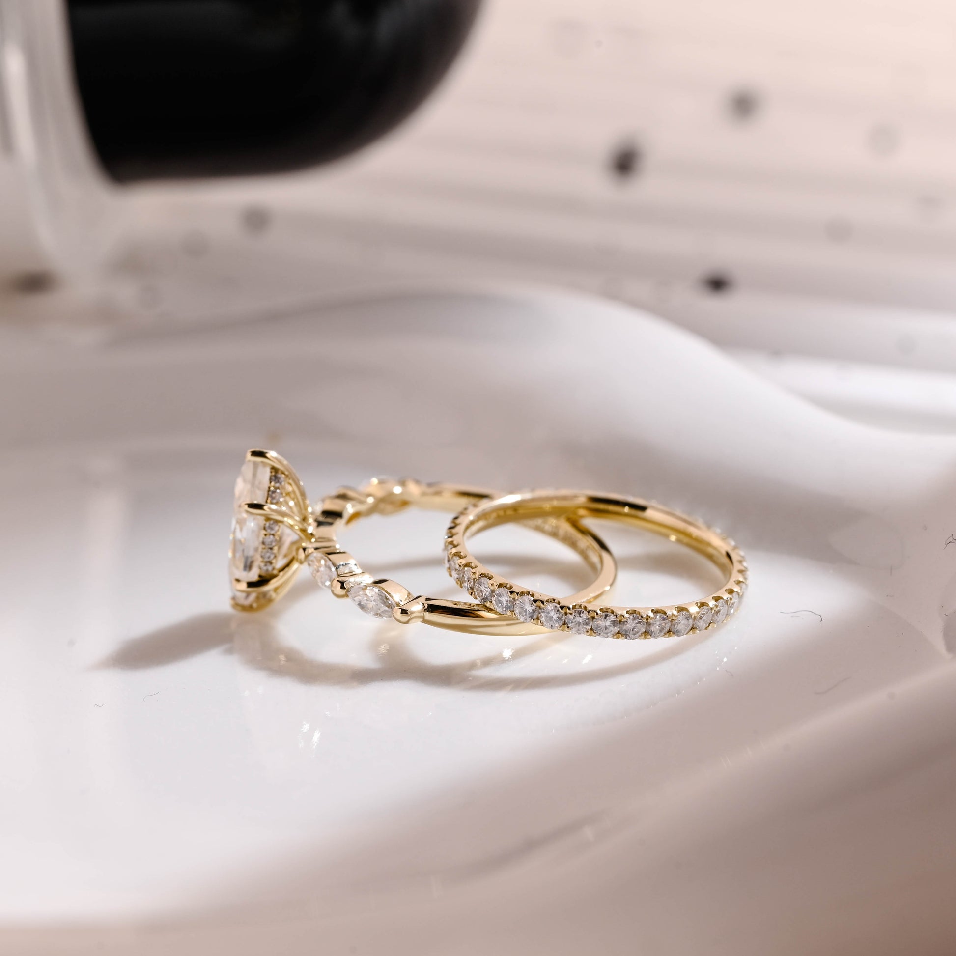Solid Gold Hidden Halo Marquise Cut Moissanite Wedding Ring Set