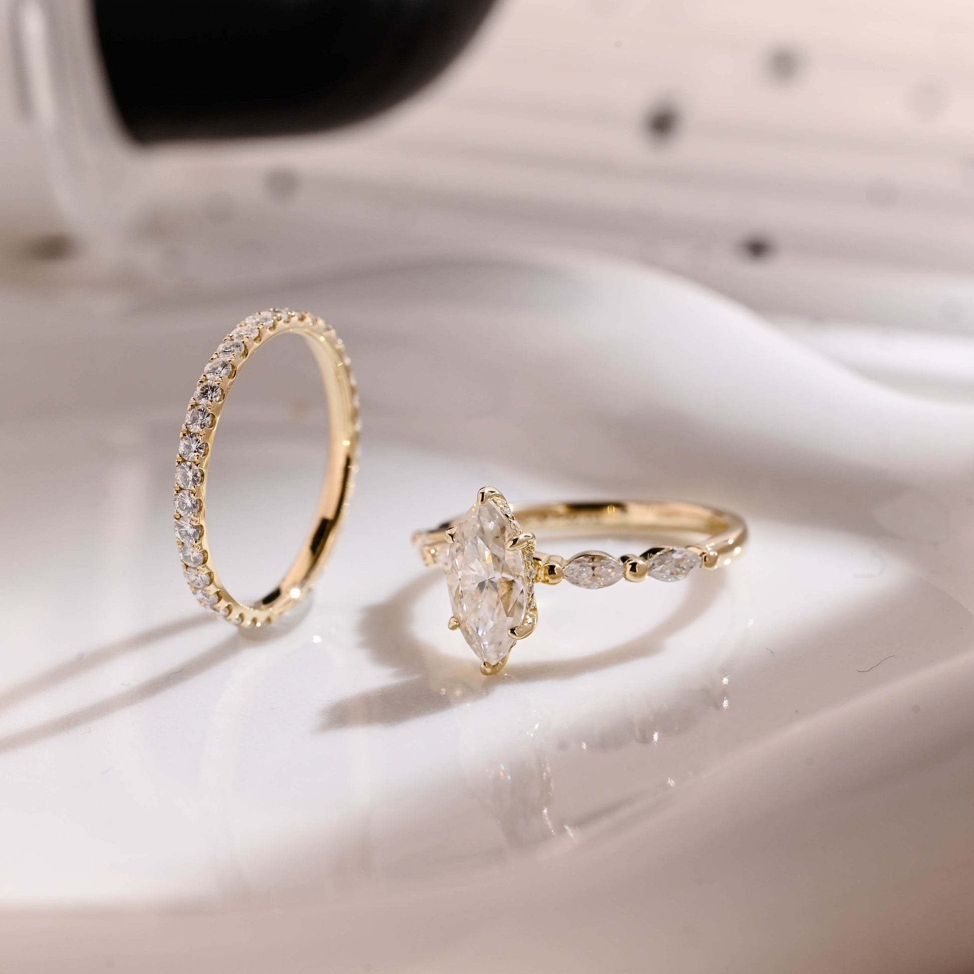 Solid Gold Hidden Halo Marquise Cut Moissanite Wedding Ring Set
