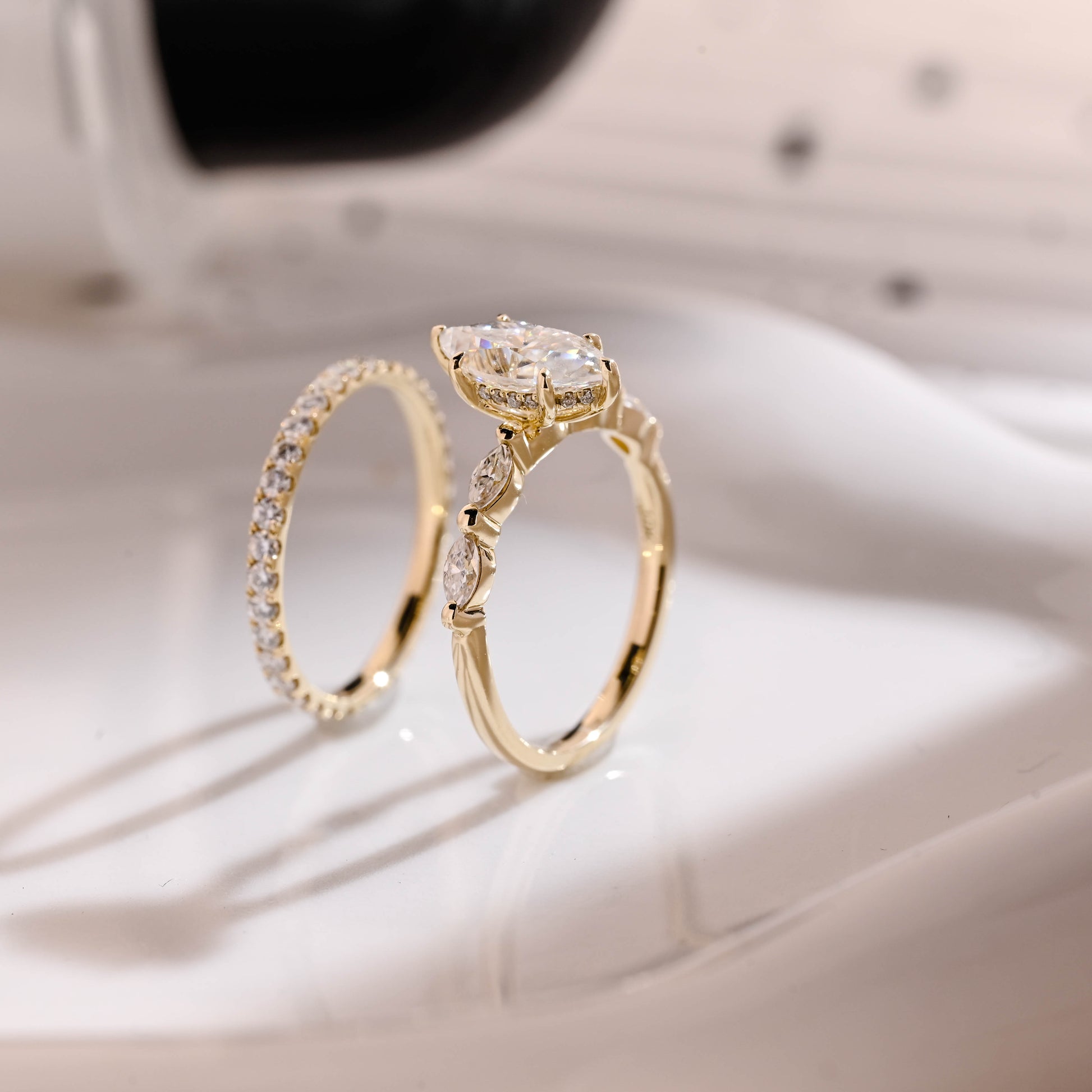 Solid Gold Hidden Halo Marquise Cut Moissanite Wedding Ring Set
