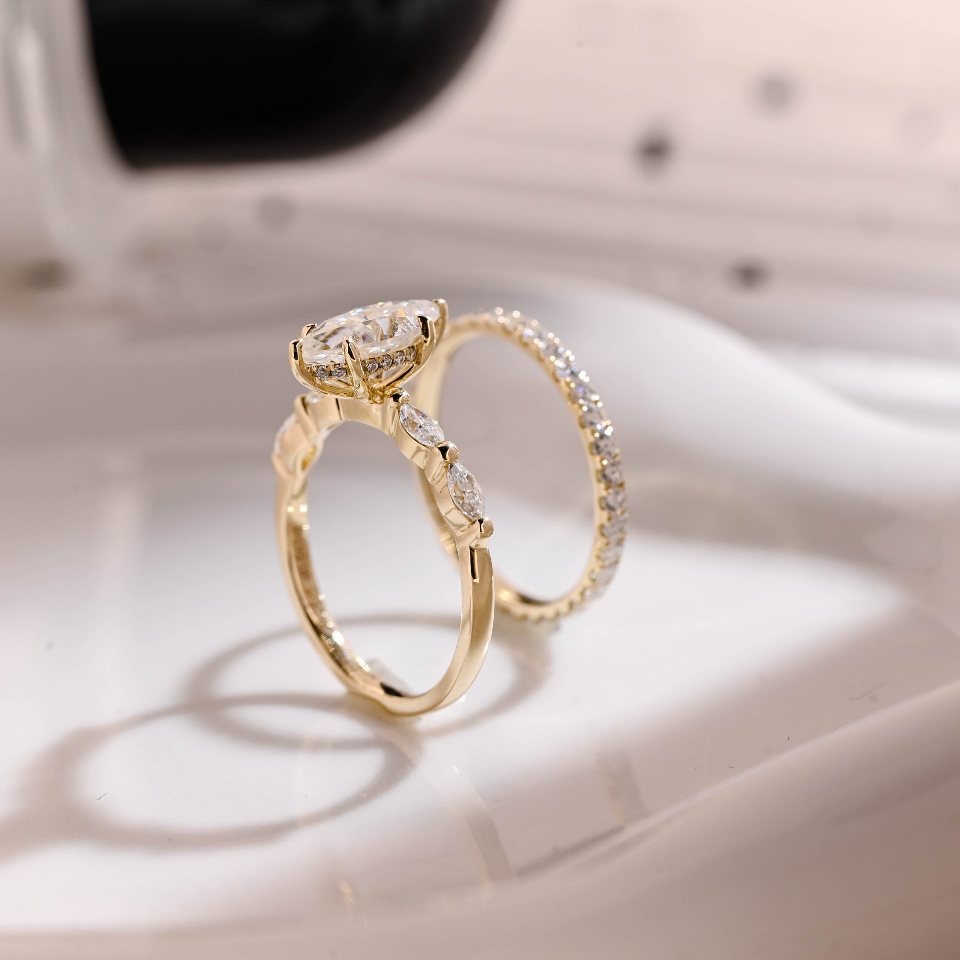 Solid Gold Hidden Halo Marquise Cut Moissanite Wedding Ring Set