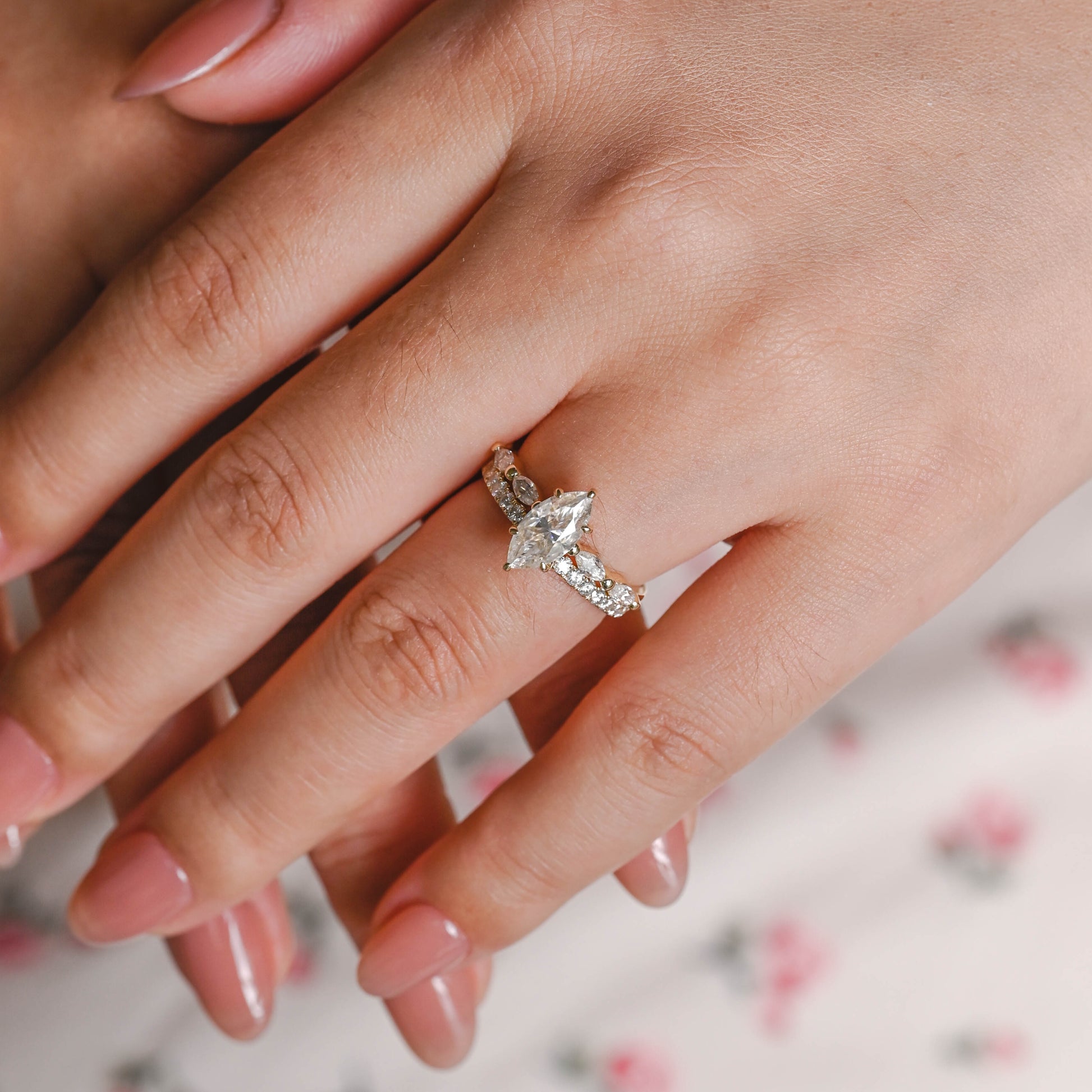 Solid Gold Hidden Halo Marquise Cut Moissanite Wedding Ring Set