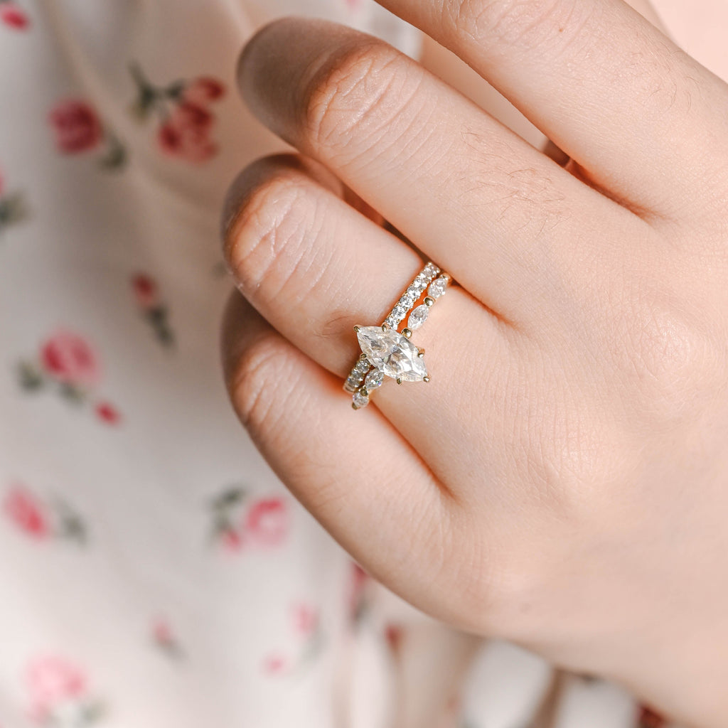 Solid Gold Hidden Halo Marquise Cut Moissanite Wedding Ring Set