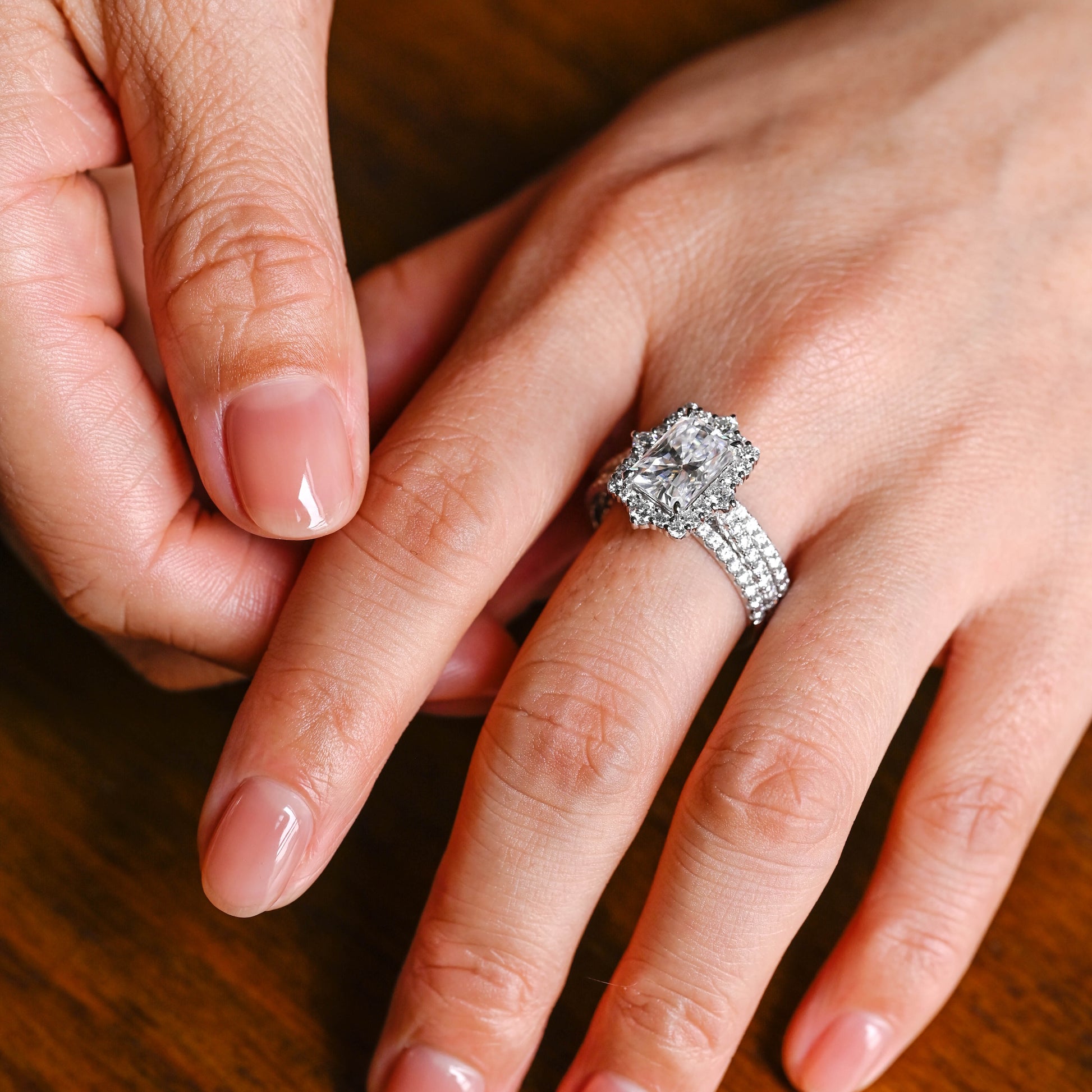 Solid Gold Hidden Halo Radiant Cut Moissanite Wedding Ring Set