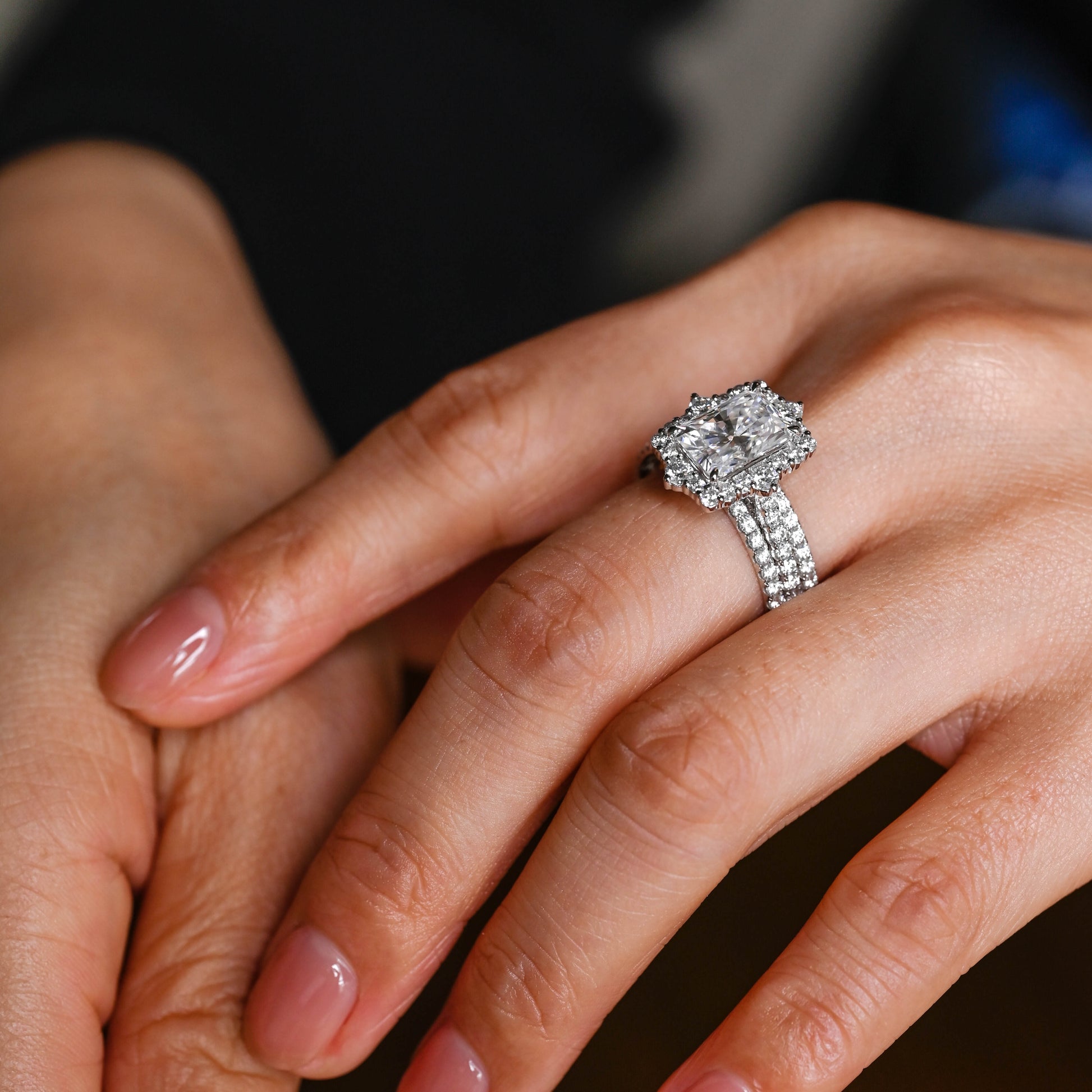 Solid Gold Hidden Halo Radiant Cut Moissanite Wedding Ring Set
