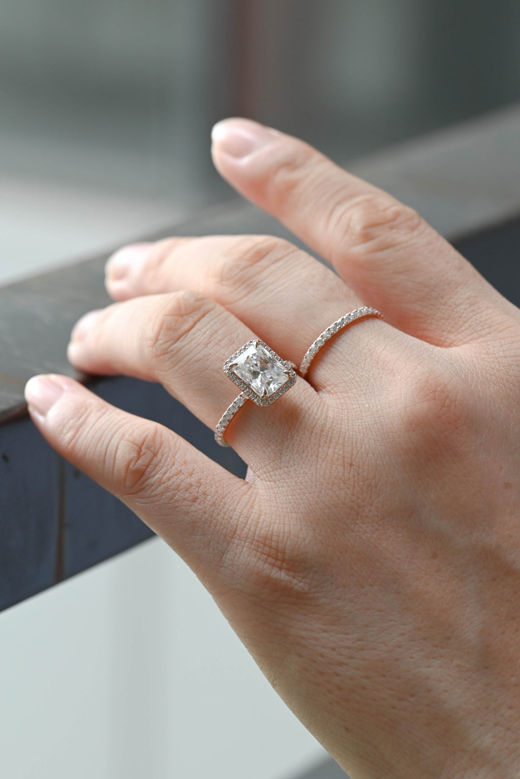 Solid Gold Radiant Cut Moissanite Engagement Ring Set, Wedding Ring Set, Bridal Set, Half Eternity Wedding Band, Birthday Gift for Women