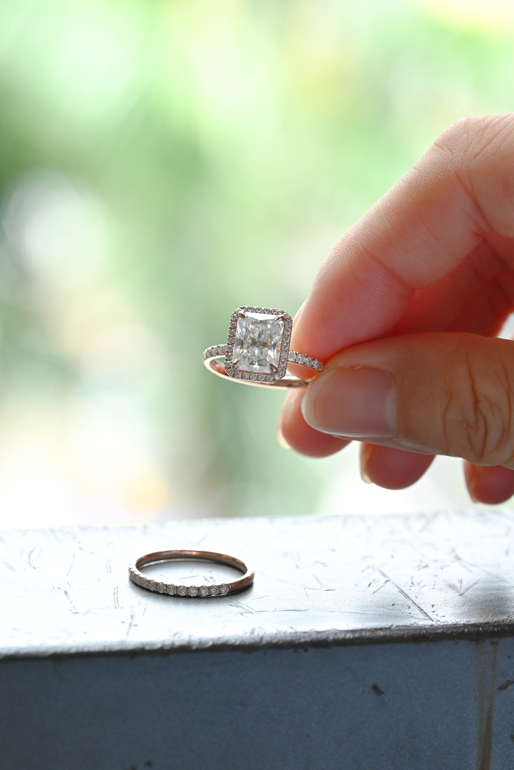 Solid Gold Radiant Cut Moissanite Engagement Ring Set, Wedding Ring Set, Bridal Set, Half Eternity Wedding Band, Birthday Gift for Women