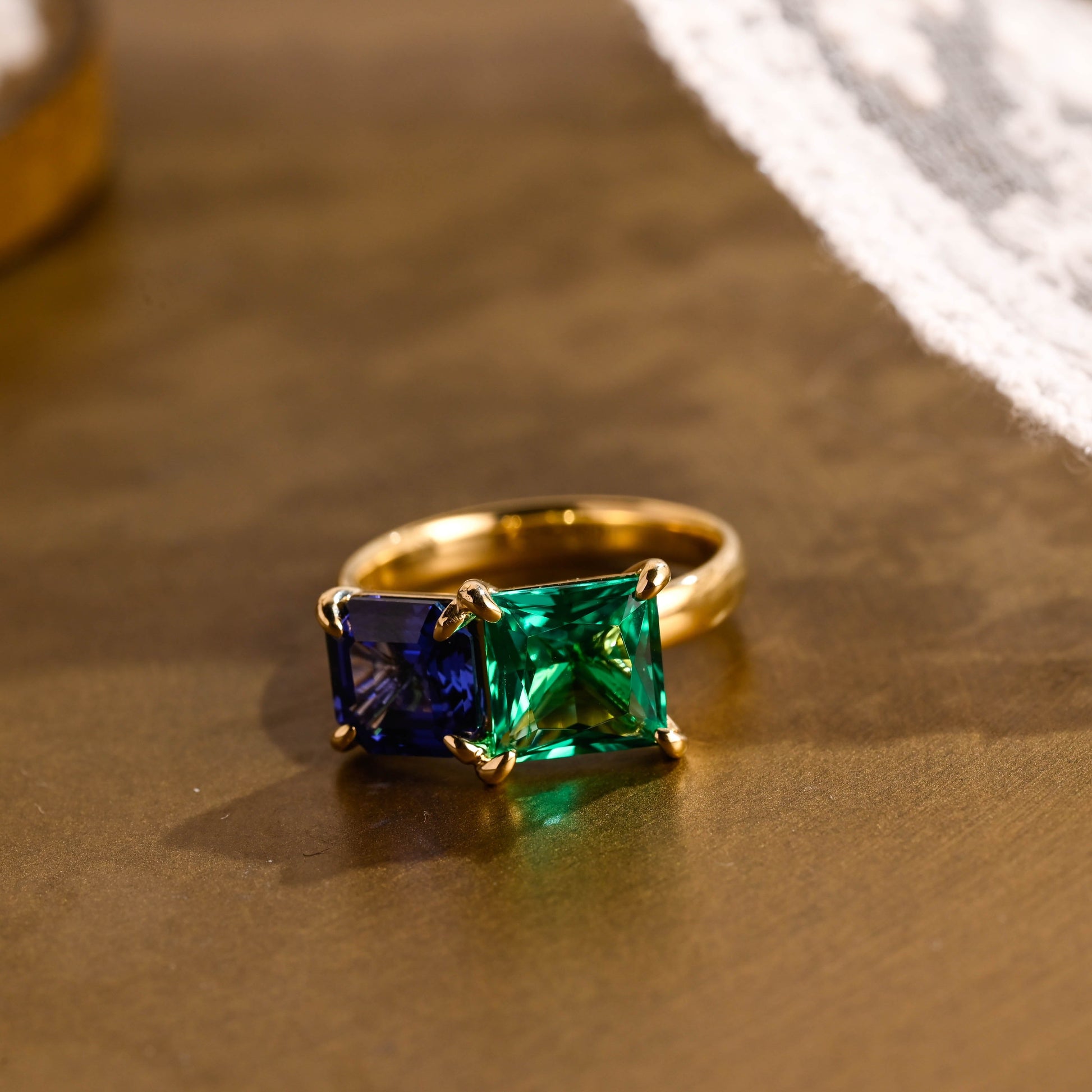 SquareJewelry asscher cut lab grown emerald engagement ring Solid Gold Toi et Moi Asscher Lab Grown Sapphire & Princess Lab Grown Emerald Engagement Ring