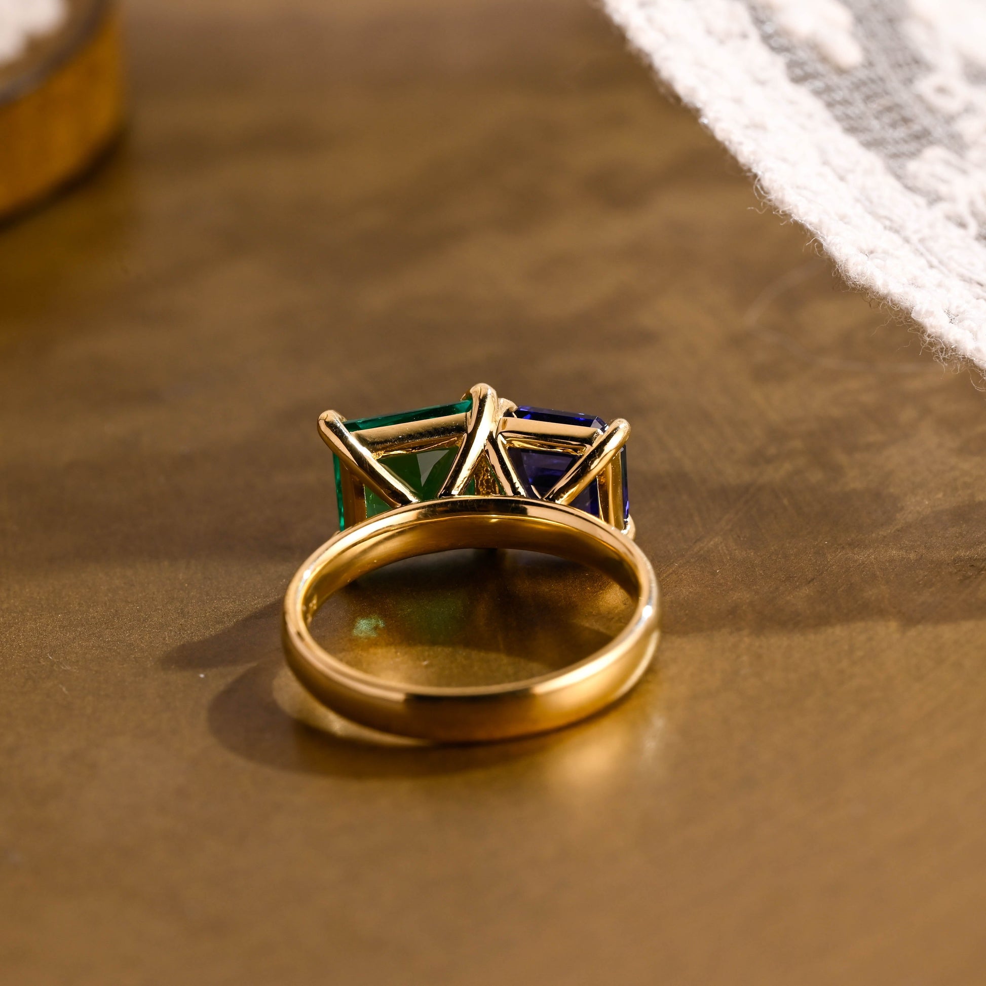 SquareJewelry asscher cut lab grown emerald engagement ring Solid Gold Toi et Moi Asscher Lab Grown Sapphire & Princess Lab Grown Emerald Engagement Ring