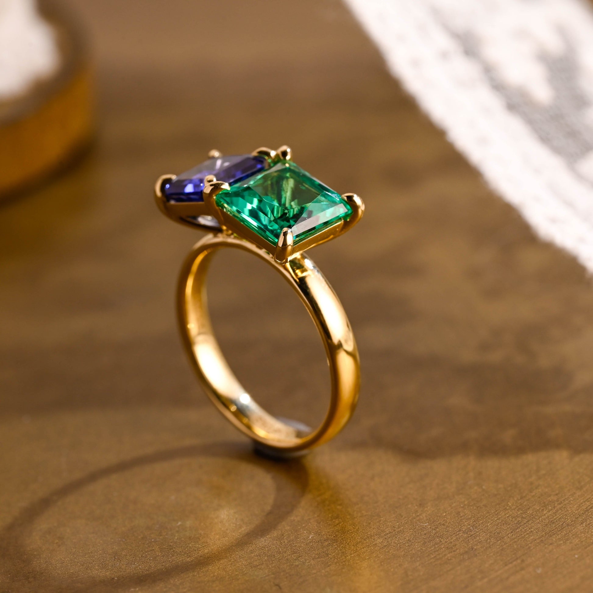 SquareJewelry asscher cut lab grown emerald engagement ring Solid Gold Toi et Moi Asscher Lab Grown Sapphire & Princess Lab Grown Emerald Engagement Ring